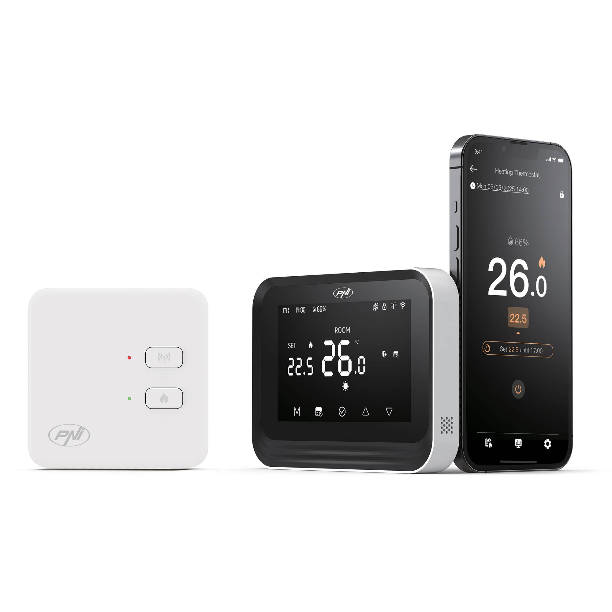 Intelligenter Thermostat PNI CT45, kabellos, WiFi, Hysterese ± 0,1 °C, Feuchtigkeitssensor, Steuerung über das Internet, für Heizungsanlagen, APP