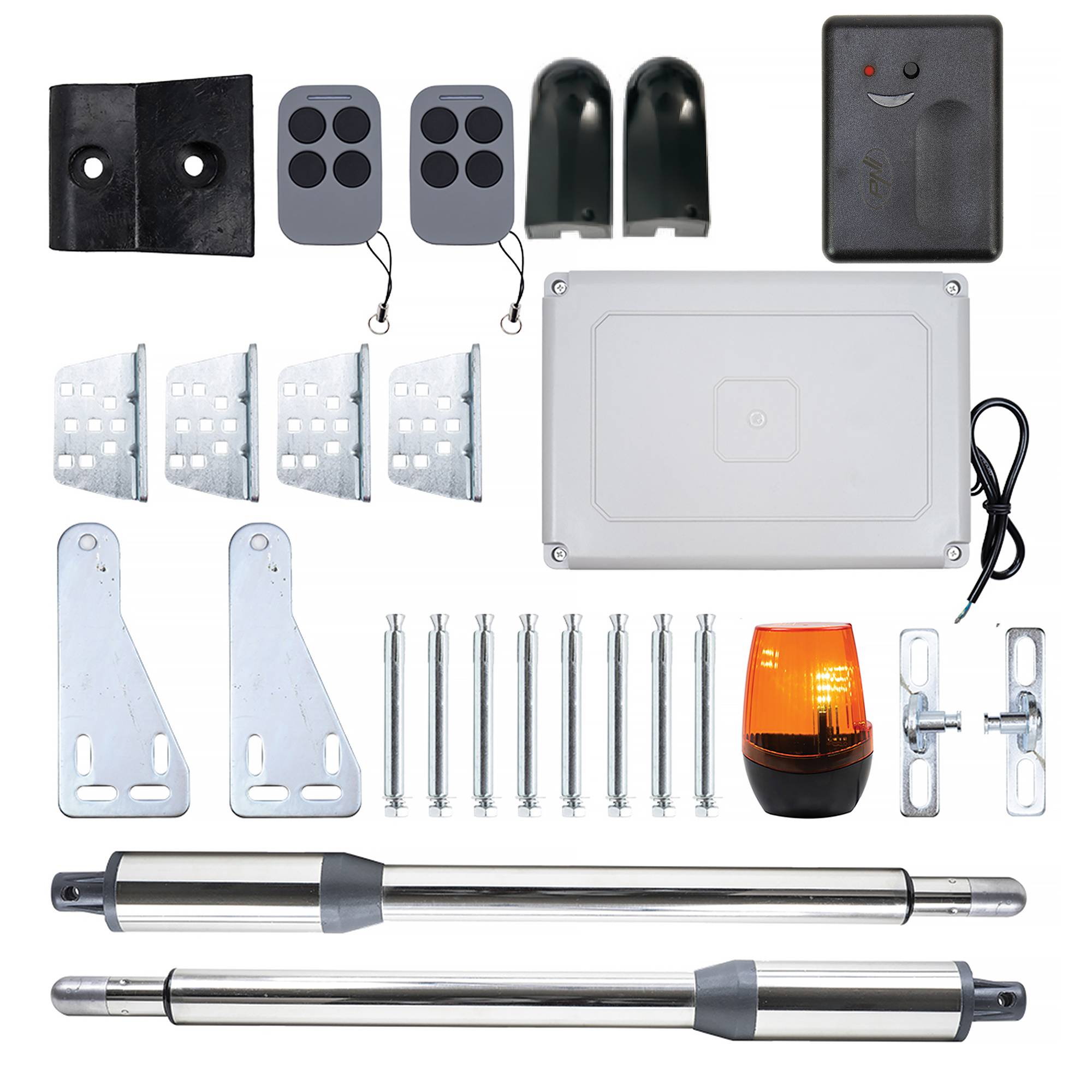PNI MAB300 Drehtor-Automatisierungskit mit 2 40-W-Motoren, Fernbedienungen und Bedienfeld, Fotozellen und Lampe, Torlänge 2 x 2,5 m max., Torgewicht