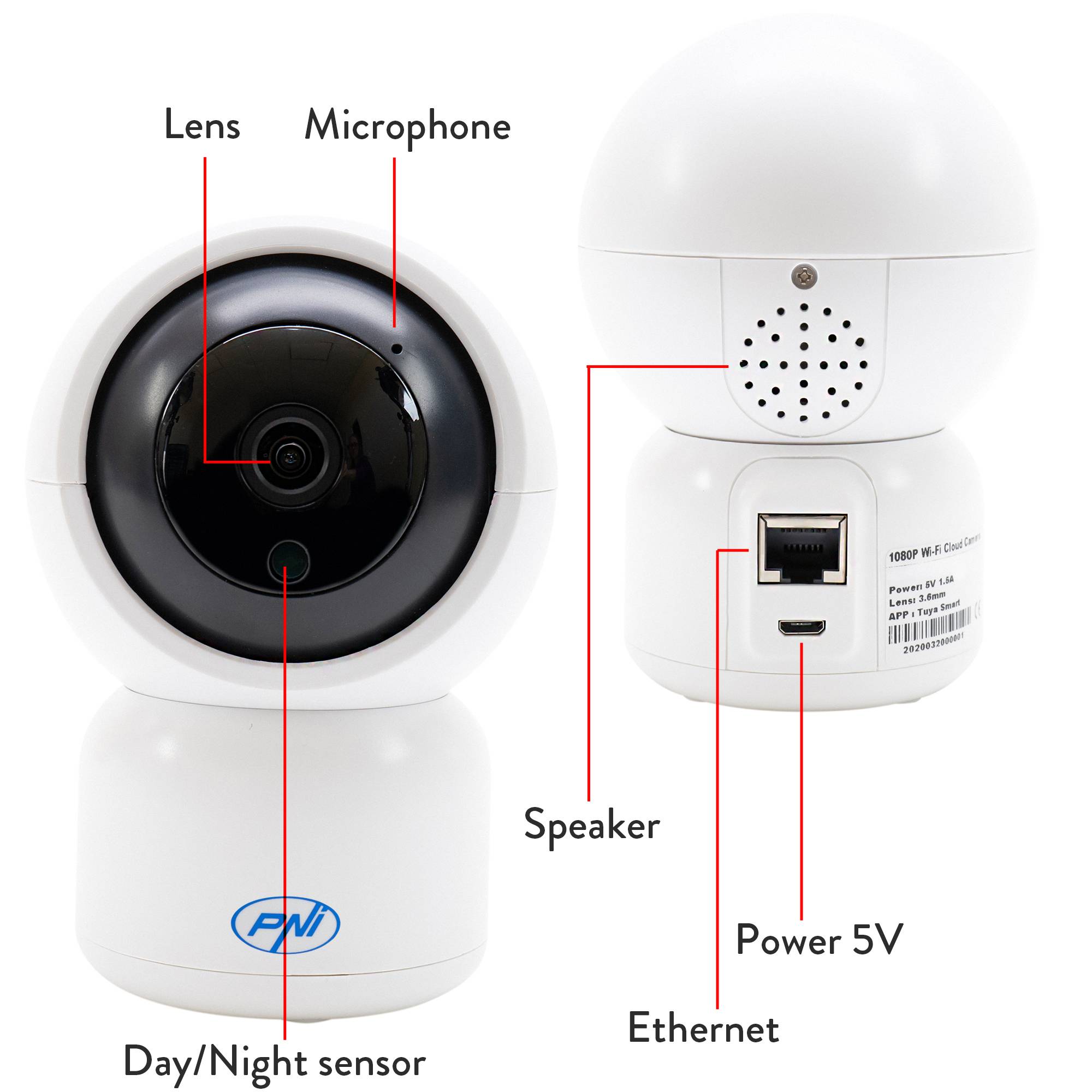 PNI IP390T 1080P Videoüberwachungskamera mit PTZ WiFi H264 + unterstützt 128 GB microSD, Nachtsicht, Tuya-Anwendung, P2P, Android, iOS, für Innenr