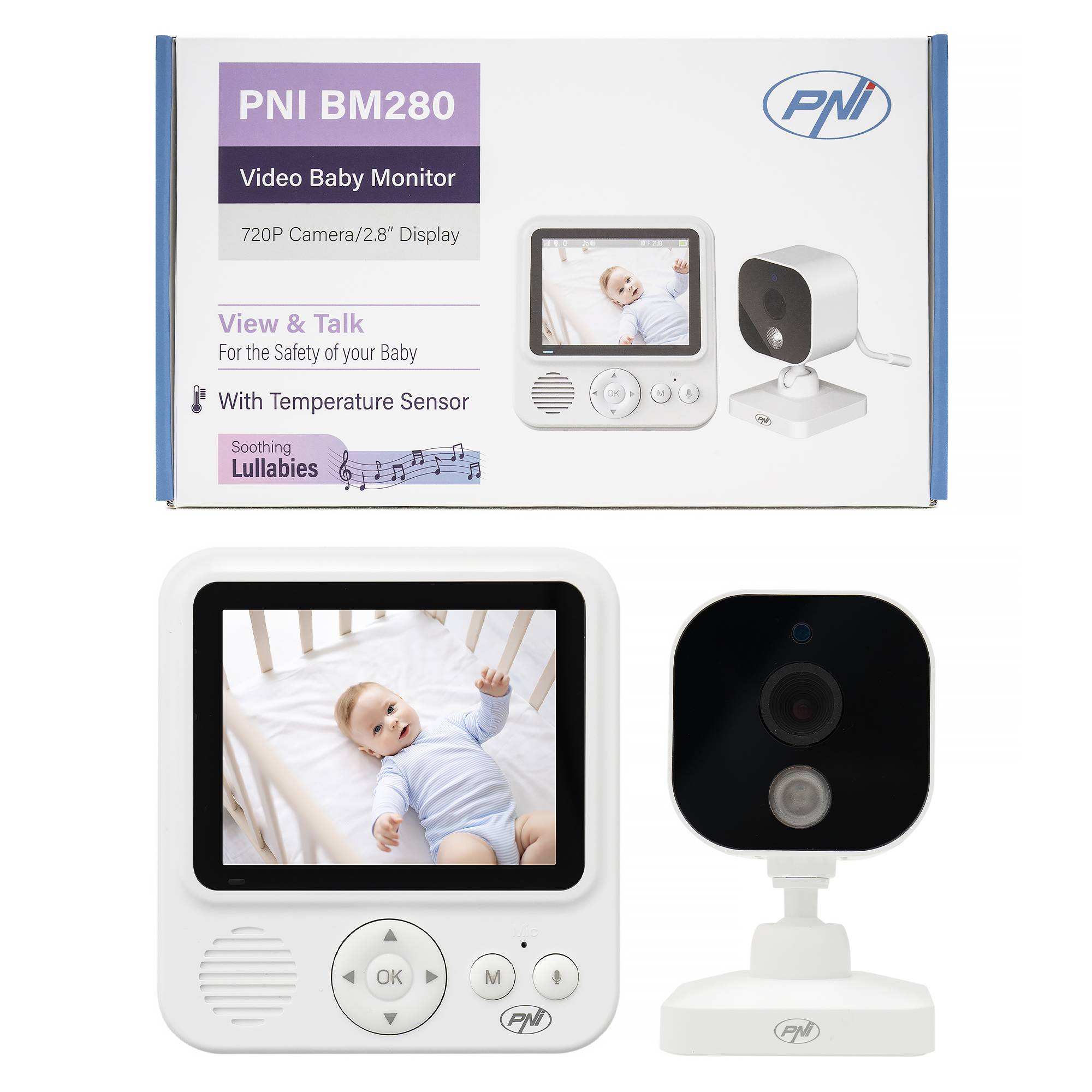 Video Babyphone PNI BM280 2,8 Zoll kabelloser 2,4 GHz Bildschirm, Temperatursensor, VOX, Nachtsicht, Zoomfunktion, Schlaflieder