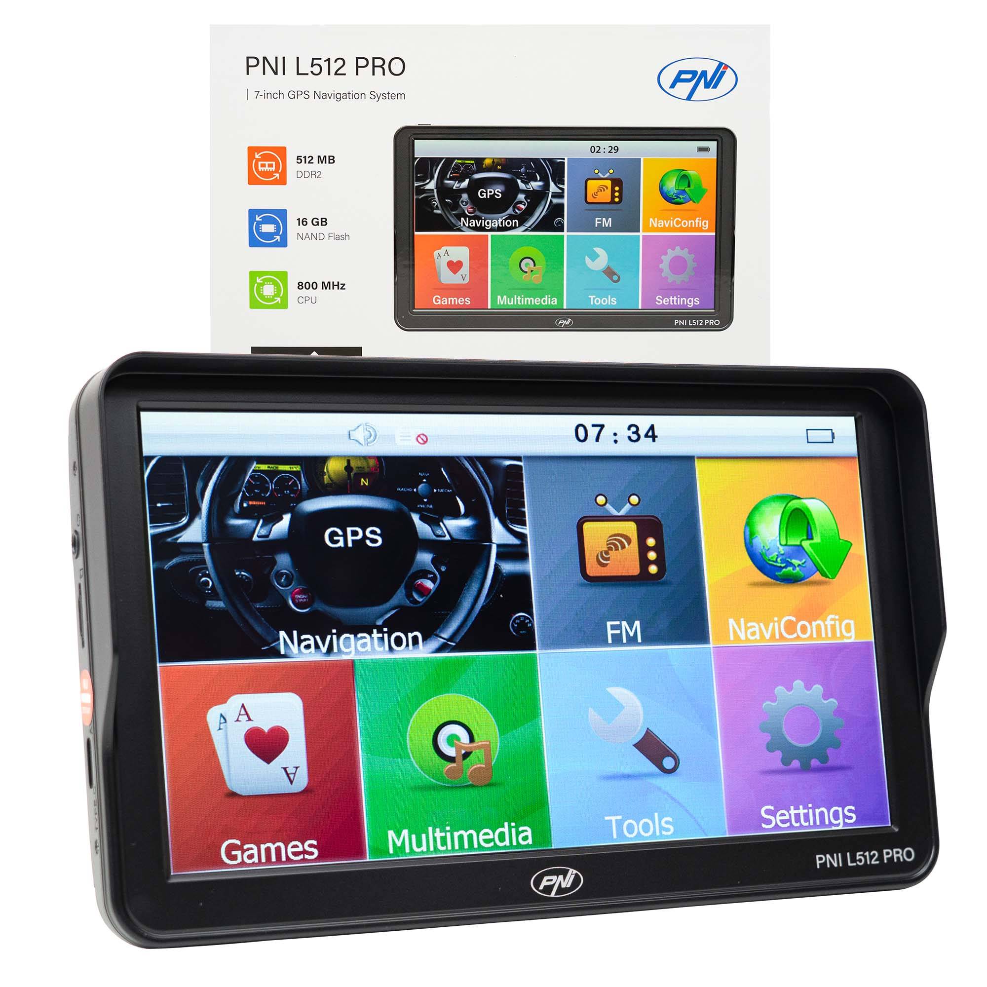 PNI L512 PRO GPS-Navigationssystem mit Sonnenschutz, 7 Zoll, 800 MHz, 512 MB DDR, 16 GB interner Speicher, FM-Sender
