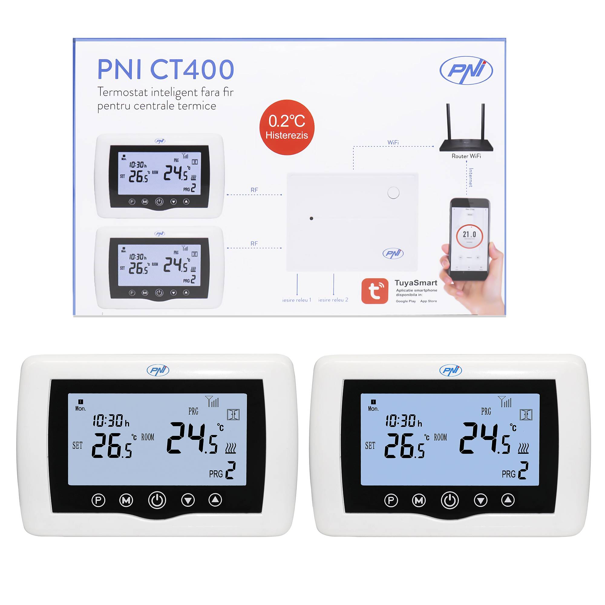 Smarter Thermostat PNI CT400 drahtlos, mit WLAN, steuert 1 Zentraleinheit und 2 verschiedene Zonen, Erdgeschoss über das Internet, für Zentralheizun