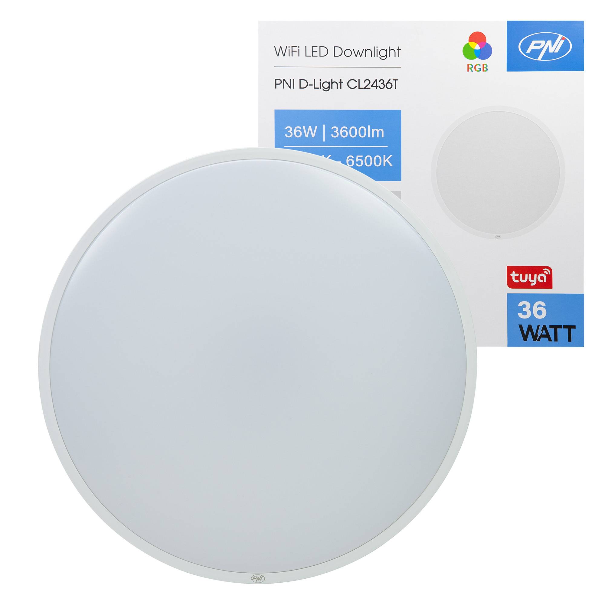 LED-Deckenleuchte PNI D-Light CL2436T Wi-Fi, RGBW, 36 W, dimmbar, rund 41 cm, 3000 K-6500 K, Stromversorgung 230 V, 3600 lm, weiß, Steuerung über Tu