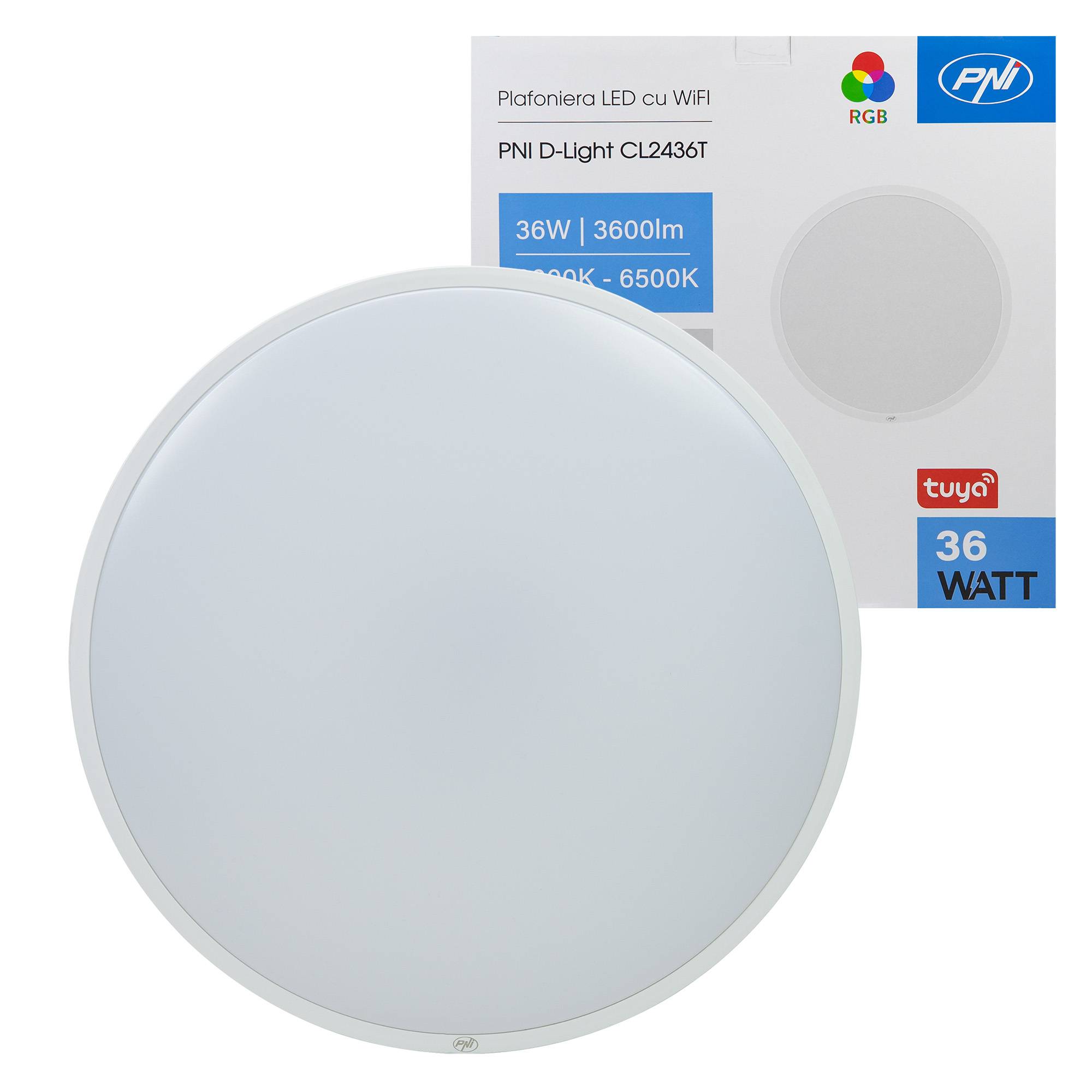 LED-Deckenleuchte PNI D-Light CL2436T Wi-Fi, RGBW, 36 W, dimmbar, rund 41 cm, 3000 K-6500 K, Stromversorgung 230 V, 3600 lm, weiß, Steuerung über Tu