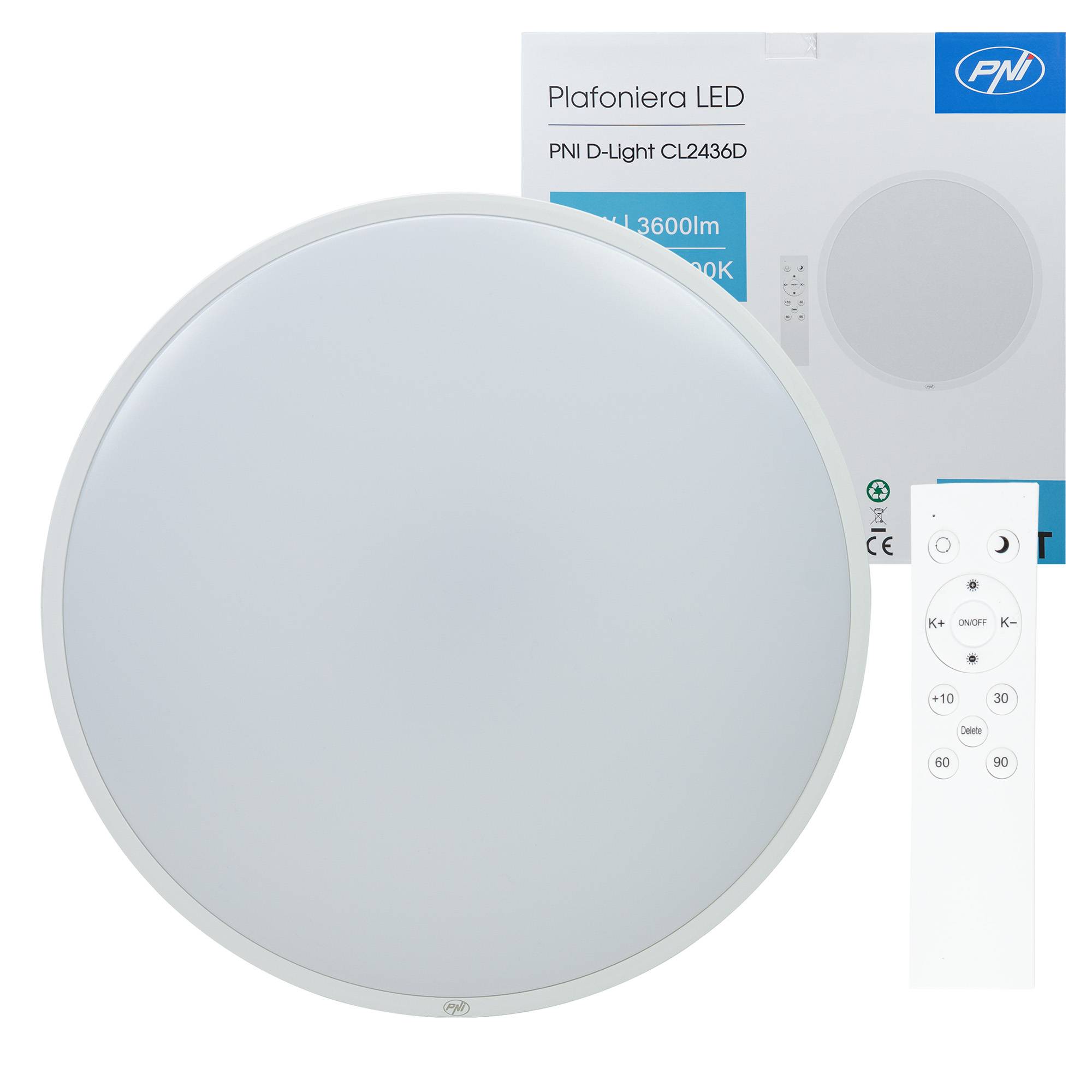 PNI D-Light CL2436D 36W LED Deckenleuchte, dimmbar, mit Fernbedienung, rund 41 cm, 3000K-6500K, 230V Netzteil, 3600 lm, weiß
