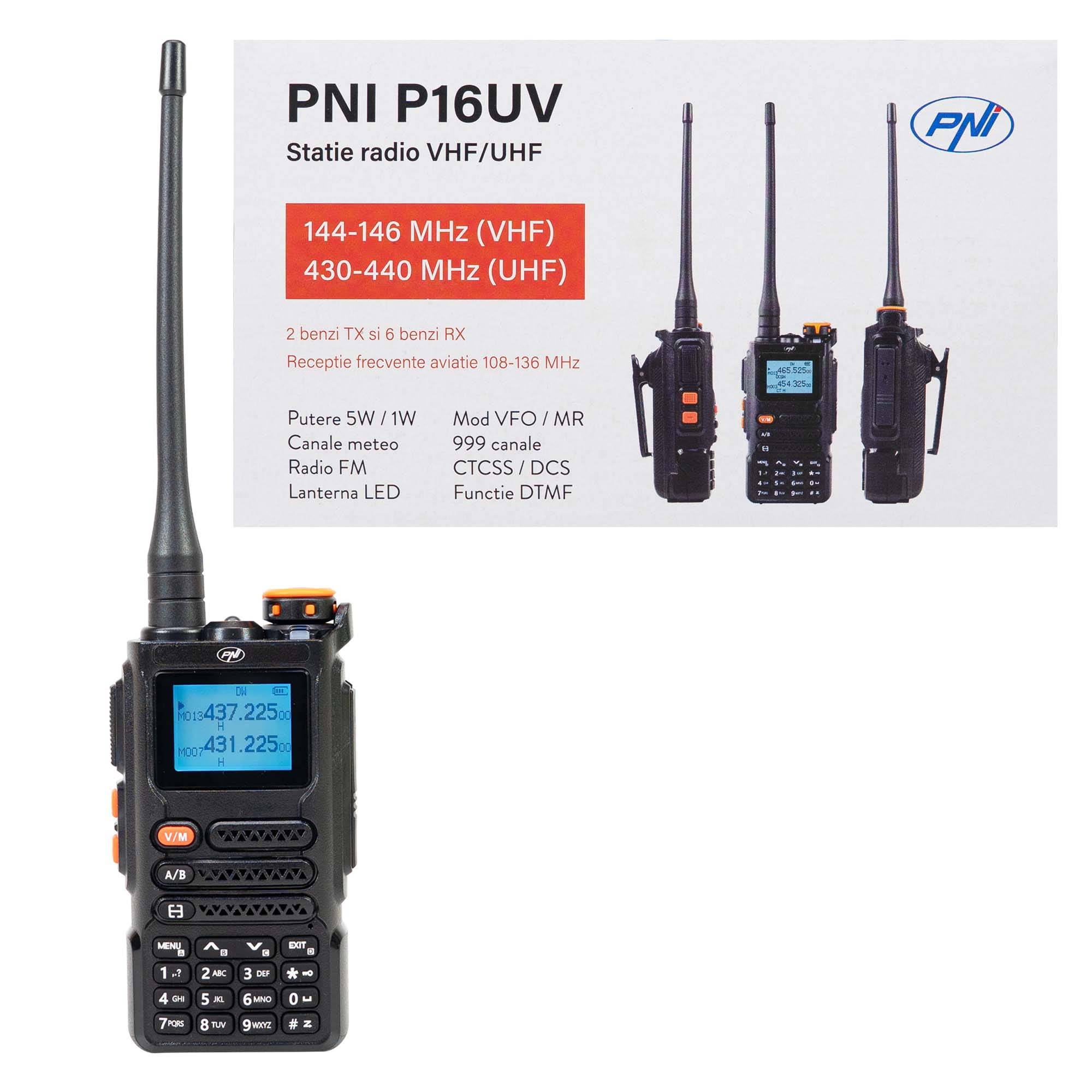 Tragbarer VHF/UHF-Radiosender PNI P16UV 999 Kanäle, Dualband TX und 6 RX-Bänder, VOX-Übertragung, Scan, FM-Radio, Wetterkanäle, Li-Ion 2600 mAh