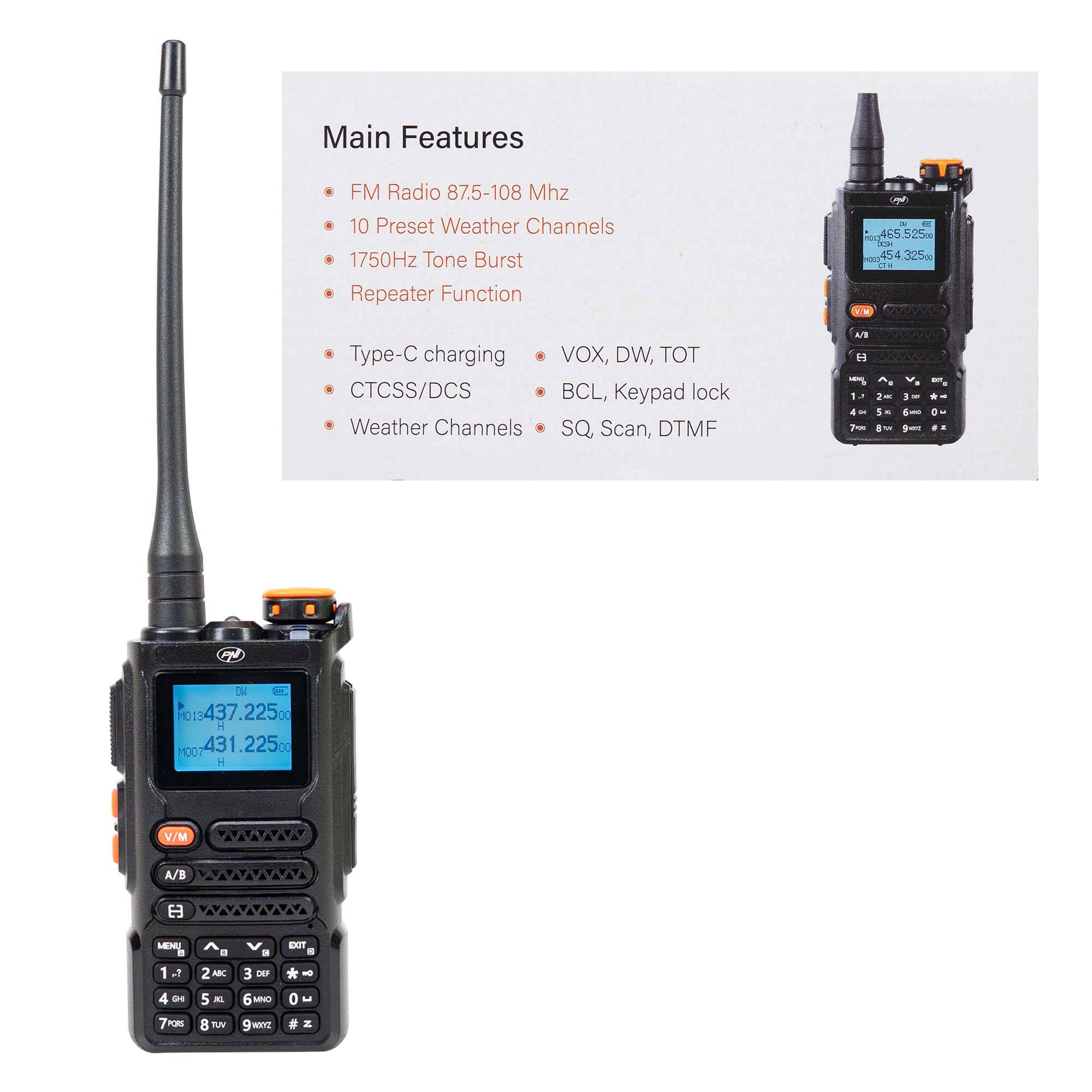 Tragbarer VHF/UHF-Radiosender PNI P16UV 999 Kanäle, Dualband TX und 6 RX-Bänder, VOX-Übertragung, Scan, FM-Radio, Wetterkanäle, Li-Ion 2600 mAh