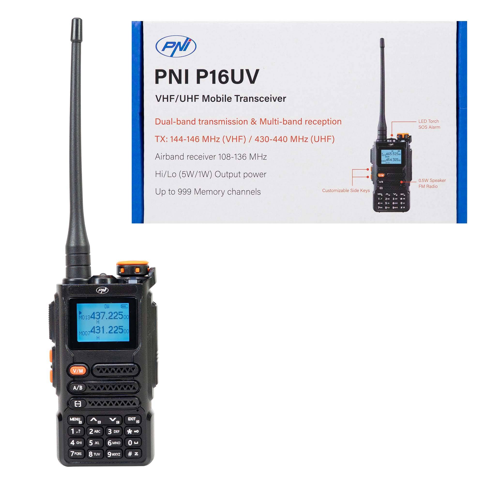 Tragbarer VHF/UHF-Radiosender PNI P16UV 999 Kanäle, Dualband TX und 6 RX-Bänder, VOX-Übertragung, Scan, FM-Radio, Wetterkanäle, Li-Ion 2600 mAh