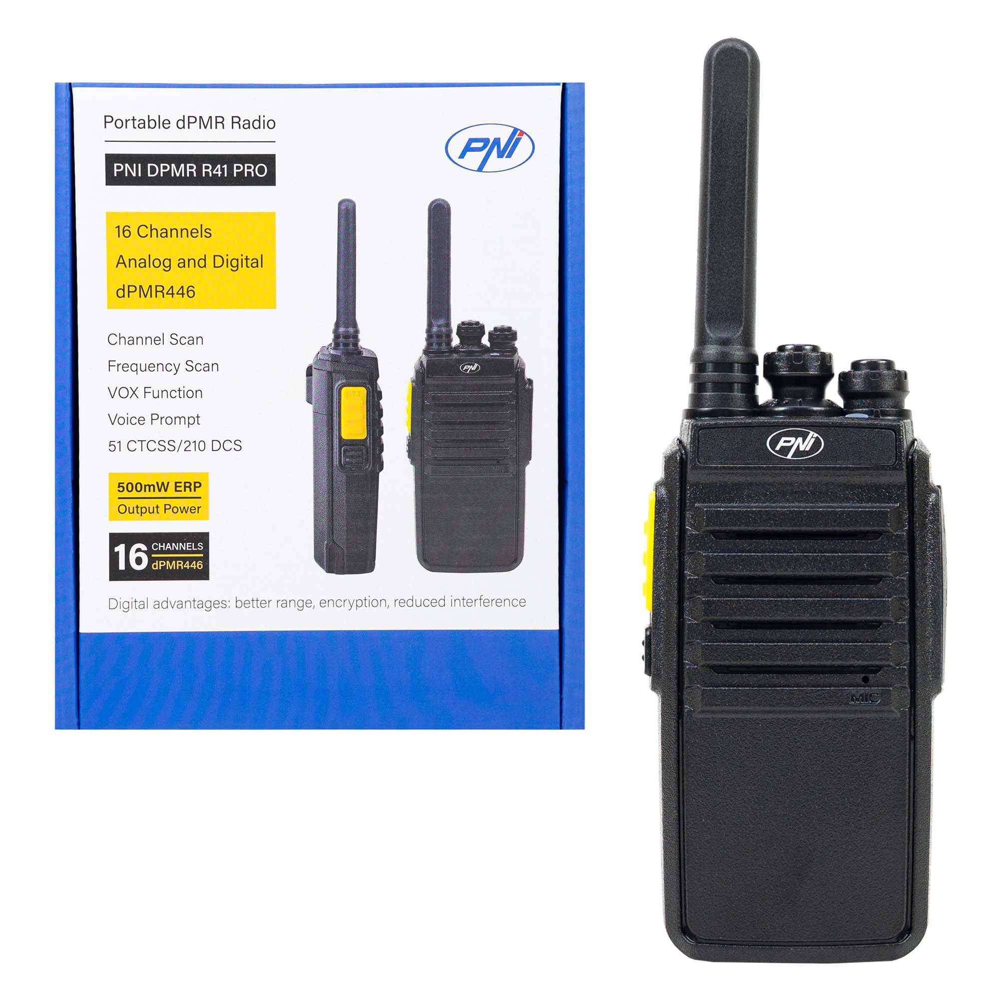 Tragbarer Radiosender PNI DPMR R41 PRO, 0,5 W, dPMR446, 16 digitale und analoge Kanäle, TOT, Scan, Monitor, programmierbar, 1500-mAh-Akku, CTCSS/DCS