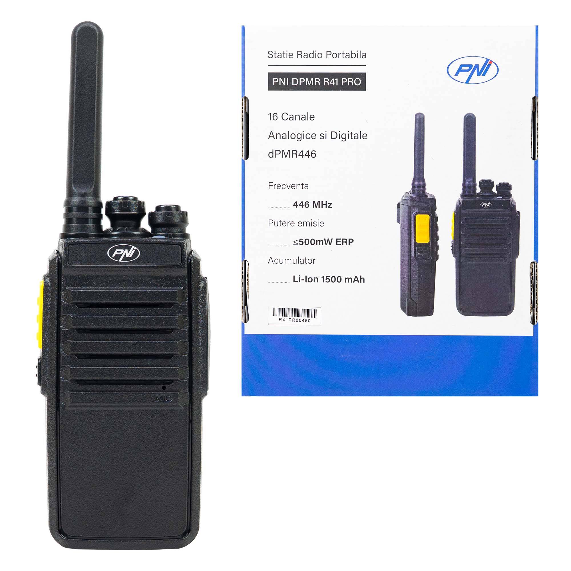 Tragbarer Radiosender PNI DPMR R41 PRO, 0,5 W, dPMR446, 16 digitale und analoge Kanäle, TOT, Scan, Monitor, programmierbar, 1500-mAh-Akku, CTCSS/DCS