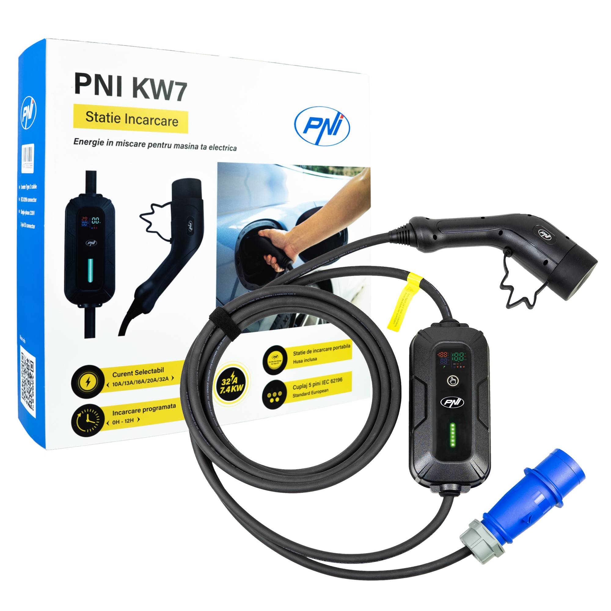Tragbares Ladegerät PNI KW7 32A, 7,4KW, für Elektroautos, 230V, einphasig, Kabel Typ 2 mit 5-poligem Stecker, mit Zeitschaltuhr, IP66