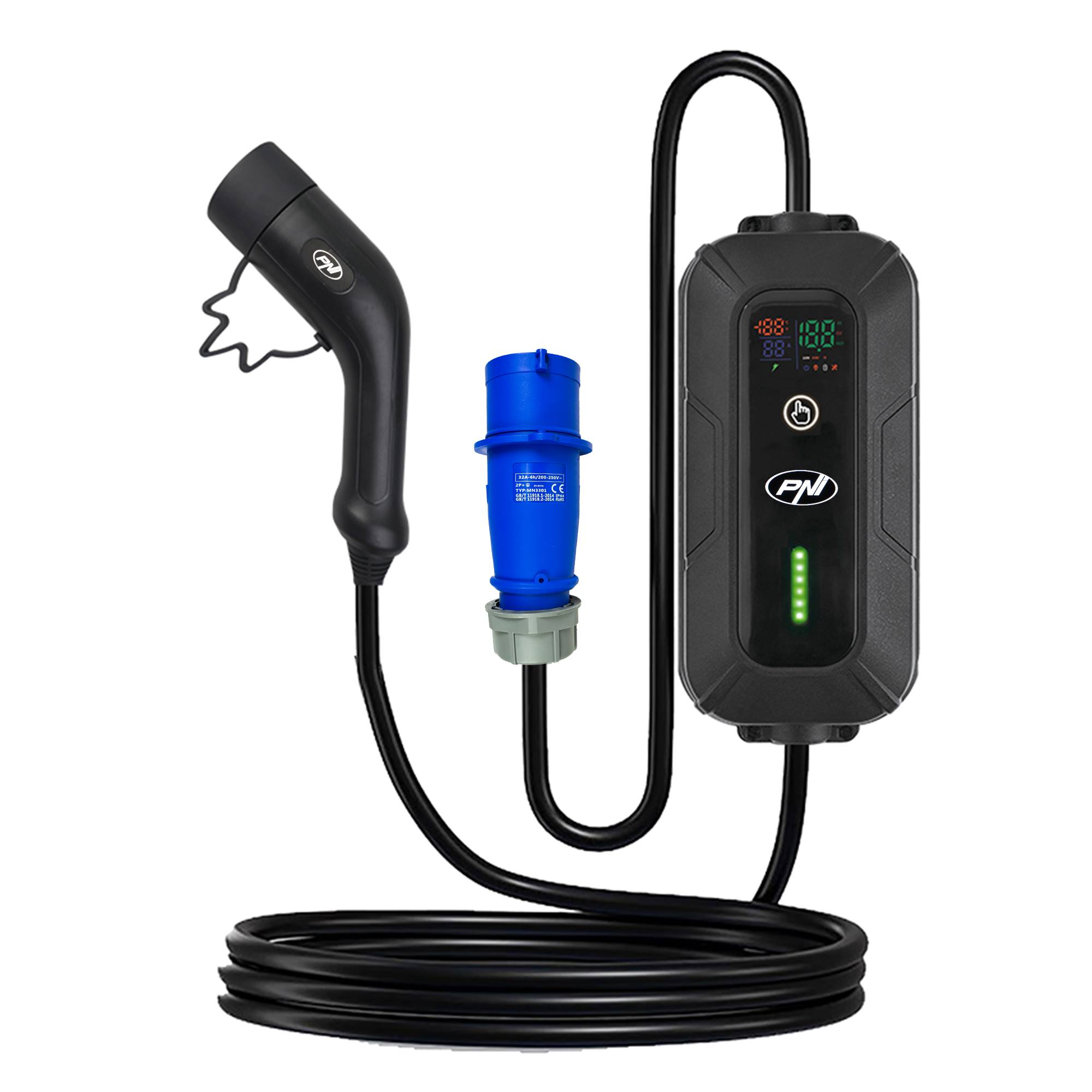 Tragbares Ladegerät PNI KW7 32A, 7,4KW, für Elektroautos, 230V, einphasig, Kabel Typ 2 mit 5-poligem Stecker, mit Zeitschaltuhr, IP66