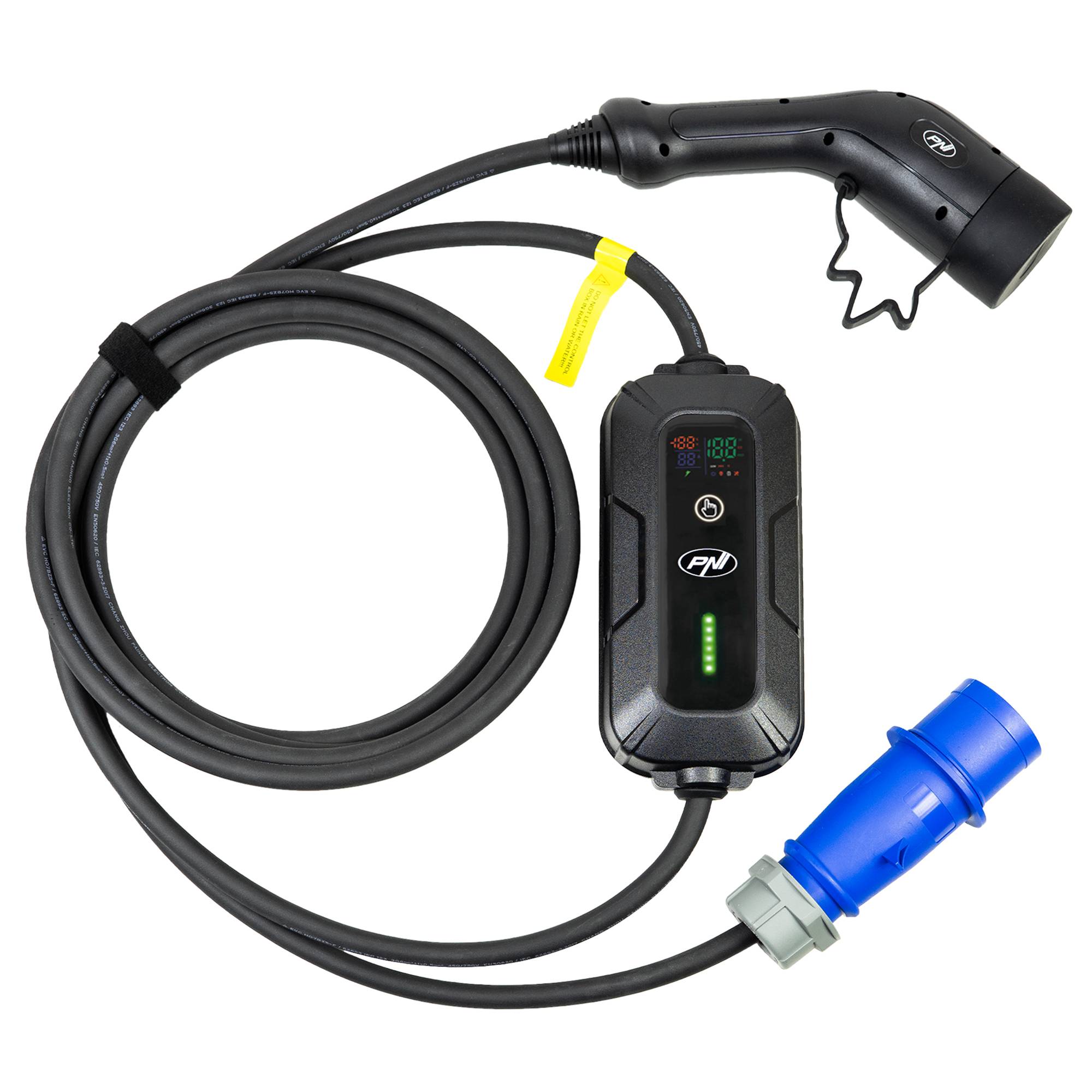 Tragbares Ladegerät PNI KW7 32A, 7,4KW, für Elektroautos, 230V, einphasig, Kabel Typ 2 mit 5-poligem Stecker, mit Zeitschaltuhr, IP66