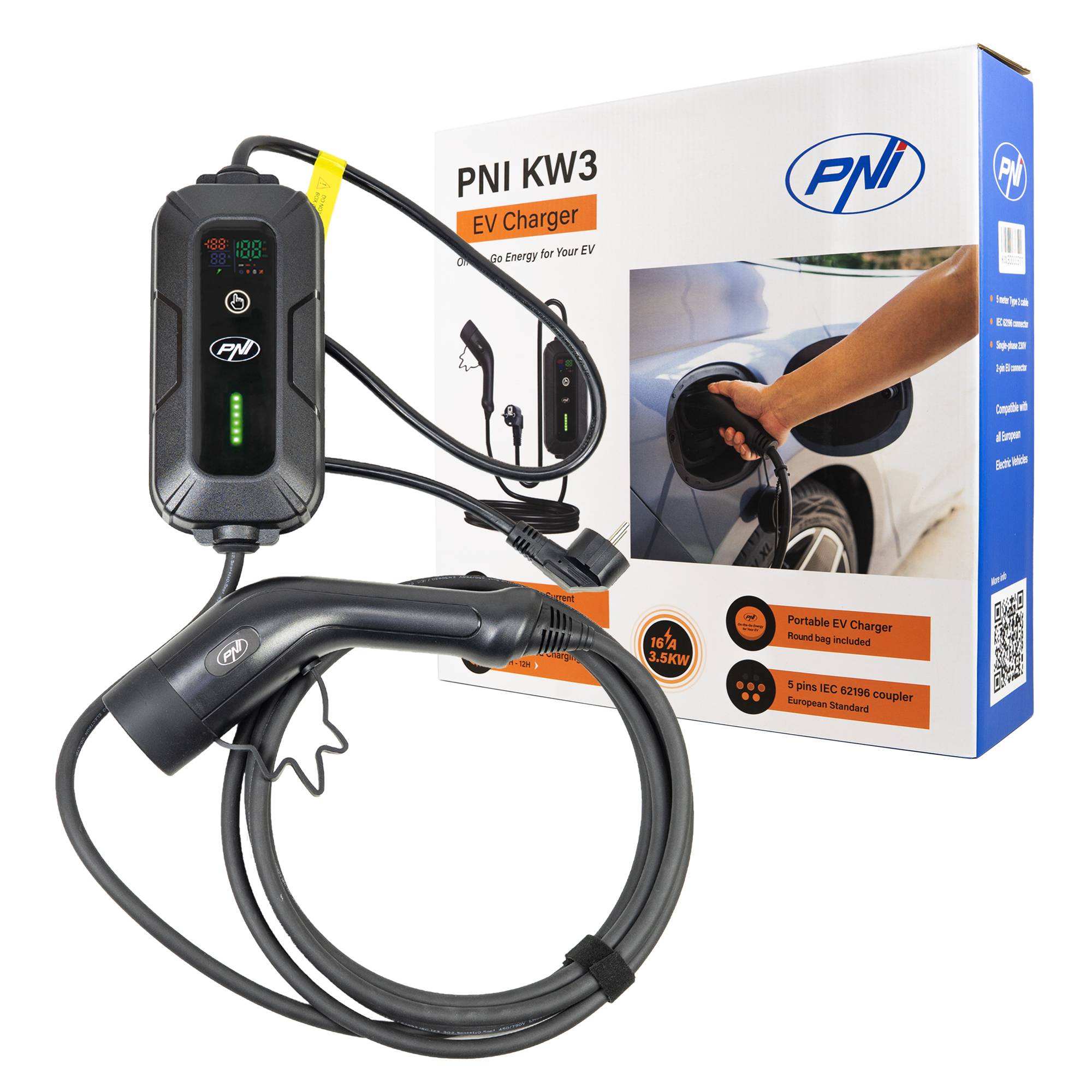 PNI KW3 16A Tragbares Ladegerät, 3,5 kW, für Elektroautos, 230 V, einphasig, Typ 2 Kabel mit 5-poligem Stecker, mit Zeitschaltuhr, IP66