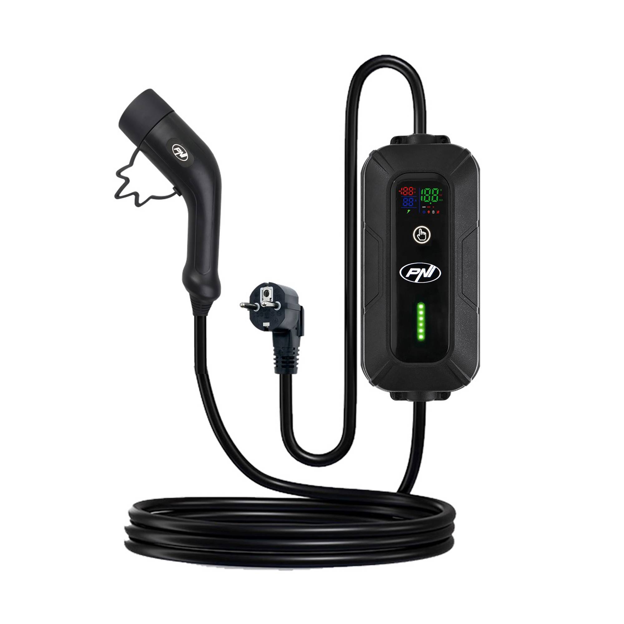 PNI KW3 16A Tragbares Ladegerät, 3,5 kW, für Elektroautos, 230 V, einphasig, Typ 2 Kabel mit 5-poligem Stecker, mit Zeitschaltuhr, IP66