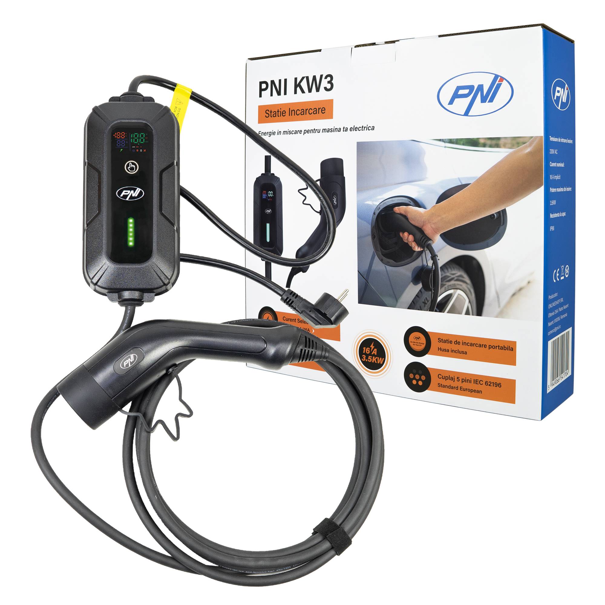 PNI KW3 16A Tragbares Ladegerät, 3,5 kW, für Elektroautos, 230 V, einphasig, Typ 2 Kabel mit 5-poligem Stecker, mit Zeitschaltuhr, IP66