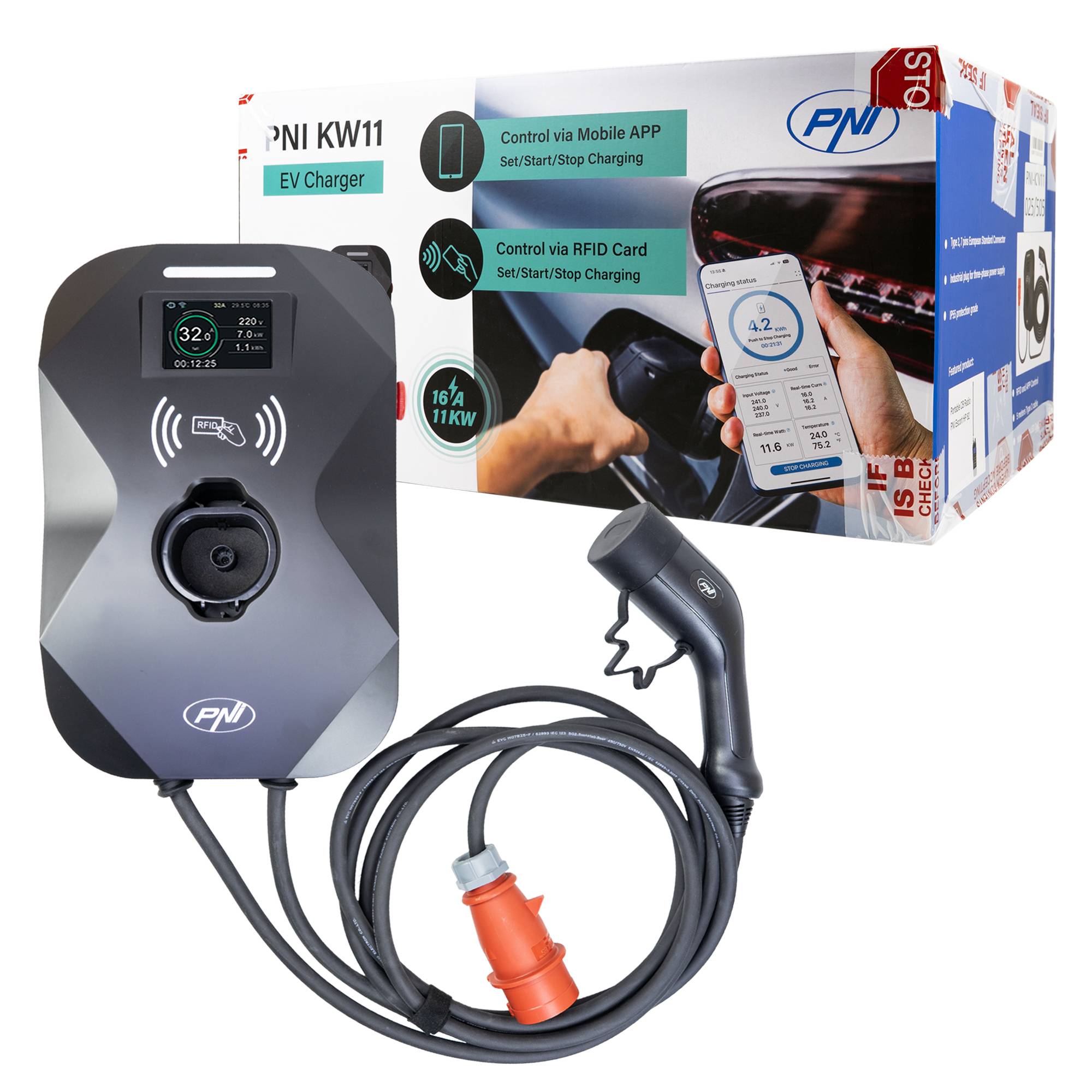 Ladestation PNI KW11 16A, 11KW, für Elektroautos, 85V - 415V, dreiphasig, 7-poliges Typ2 Kabel, 3,5 Zoll Display, mit Bluetooth, App-Steuerung