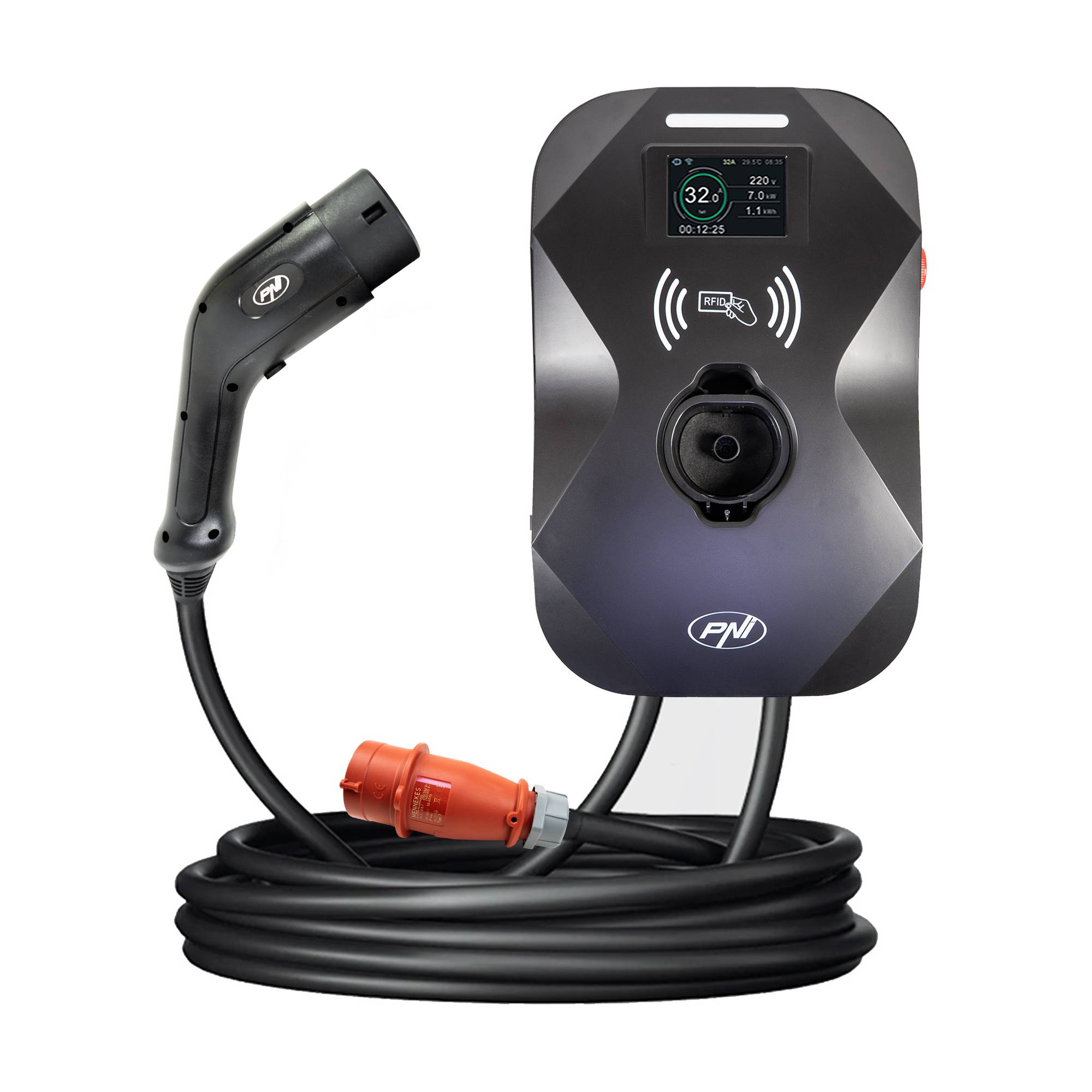 Ladestation PNI KW11 16A, 11KW, für Elektroautos, 85V - 415V, dreiphasig, 7-poliges Typ2 Kabel, 3,5 Zoll Display, mit Bluetooth, App-Steuerung