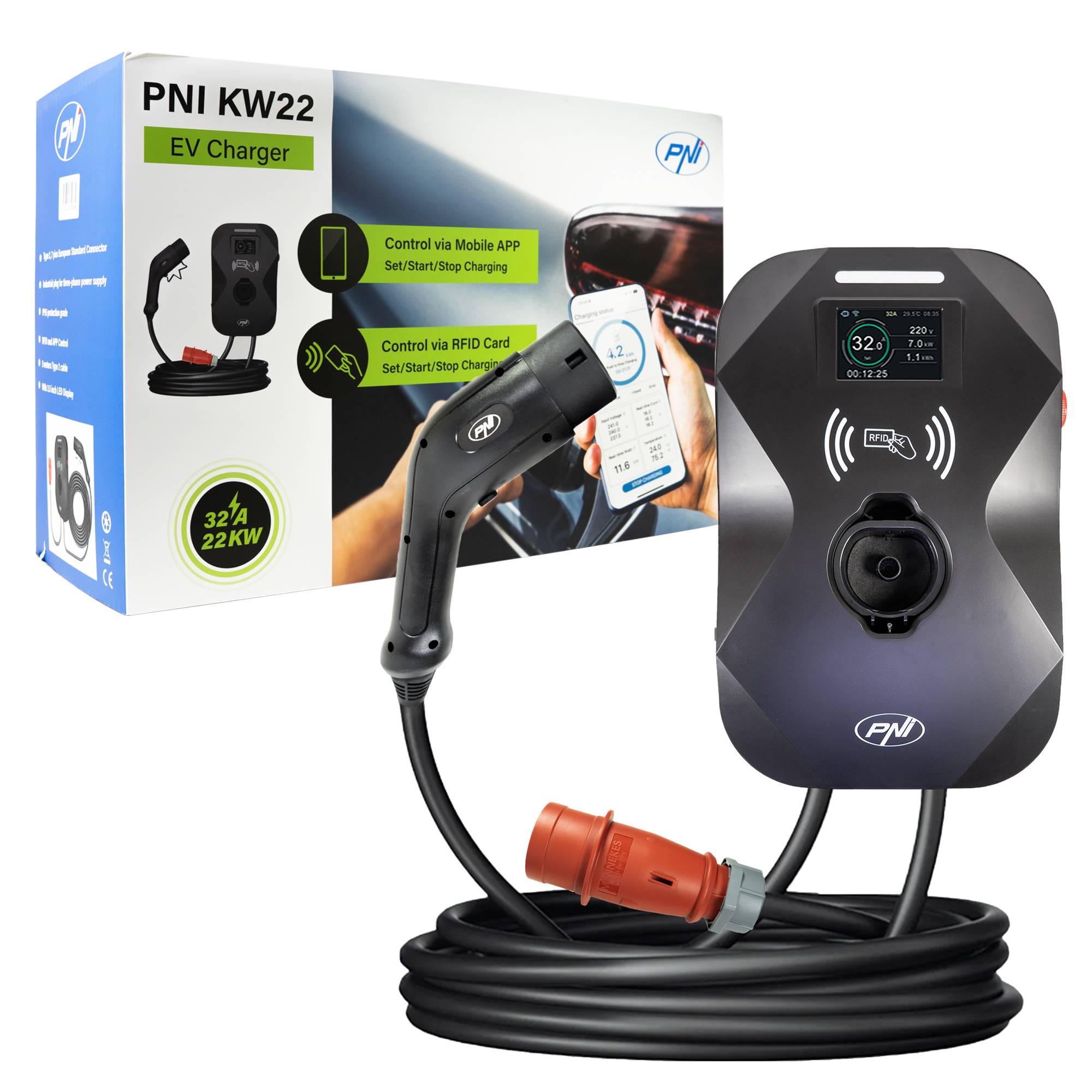 PNI KW22 32A, 22KW Ladestation, für Elektroautos, 85V – 415V, dreiphasig, Typ 2 Kabel mit 7 Pins, 3,5 Zoll Bildschirm, mit Bluetooth, Anwendungsste