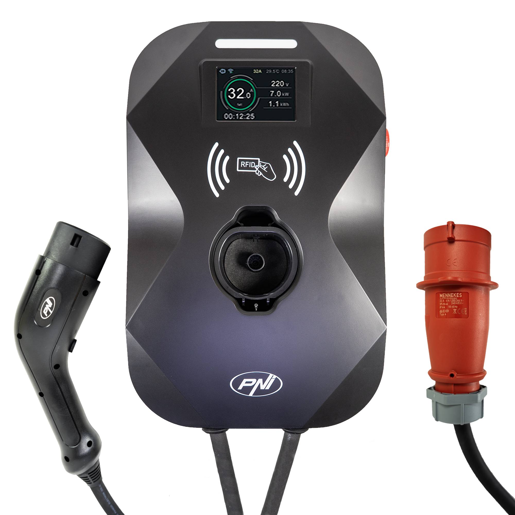 PNI KW22 32A, 22KW Ladestation, für Elektroautos, 85V – 415V, dreiphasig, Typ 2 Kabel mit 7 Pins, 3,5 Zoll Bildschirm, mit Bluetooth, Anwendungsste