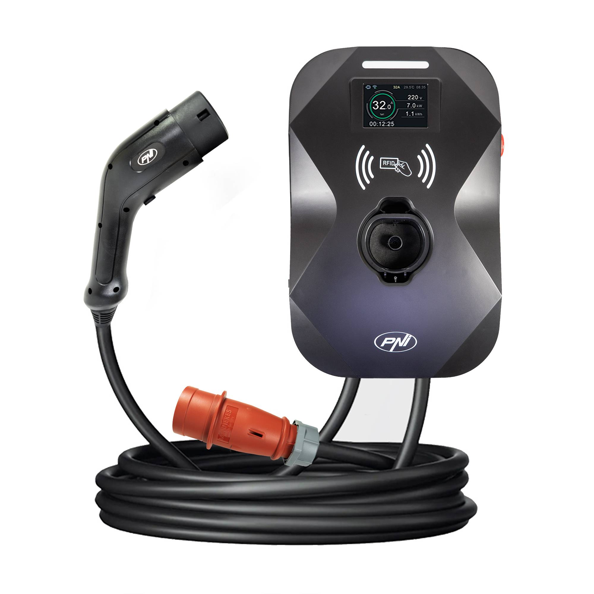 PNI KW22 32A, 22KW Ladestation, für Elektroautos, 85V – 415V, dreiphasig, Typ 2 Kabel mit 7 Pins, 3,5 Zoll Bildschirm, mit Bluetooth, Anwendungsste