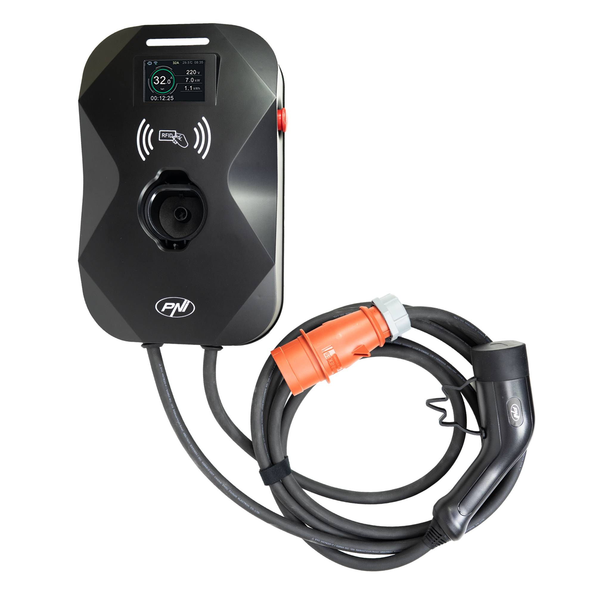 PNI KW22 32A, 22KW Ladestation, für Elektroautos, 85V – 415V, dreiphasig, Typ 2 Kabel mit 7 Pins, 3,5 Zoll Bildschirm, mit Bluetooth, Anwendungsste