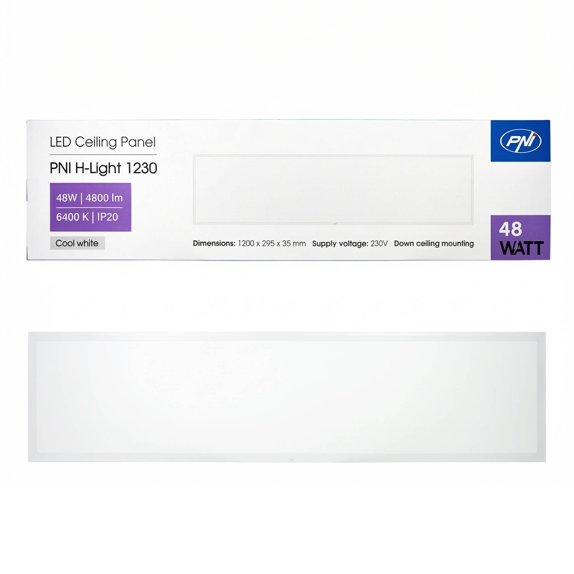LED-Panel PNI H-Light 1230, 48 W, 1200 x 295 mm, 4800 lm, 6400 K, für den Innenbereich, Einbau, kaltweiß