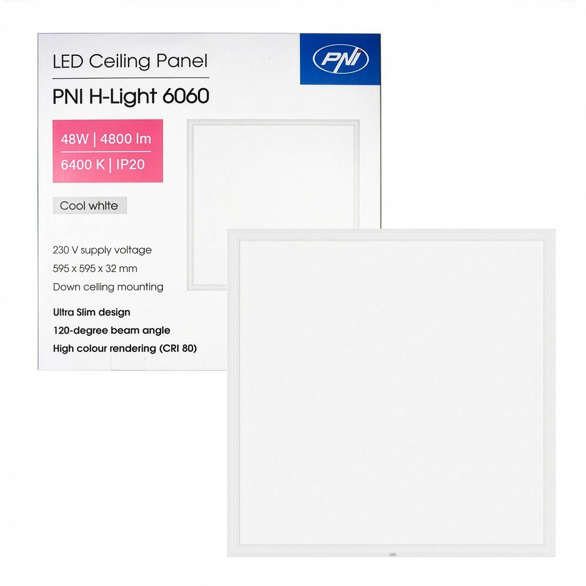 LED-Panel PNI H-Light 6060, 48 W, 595 x 595 mm, 4800 lm, 6400 K, für Innenräume, Einbau, Kaltweiß