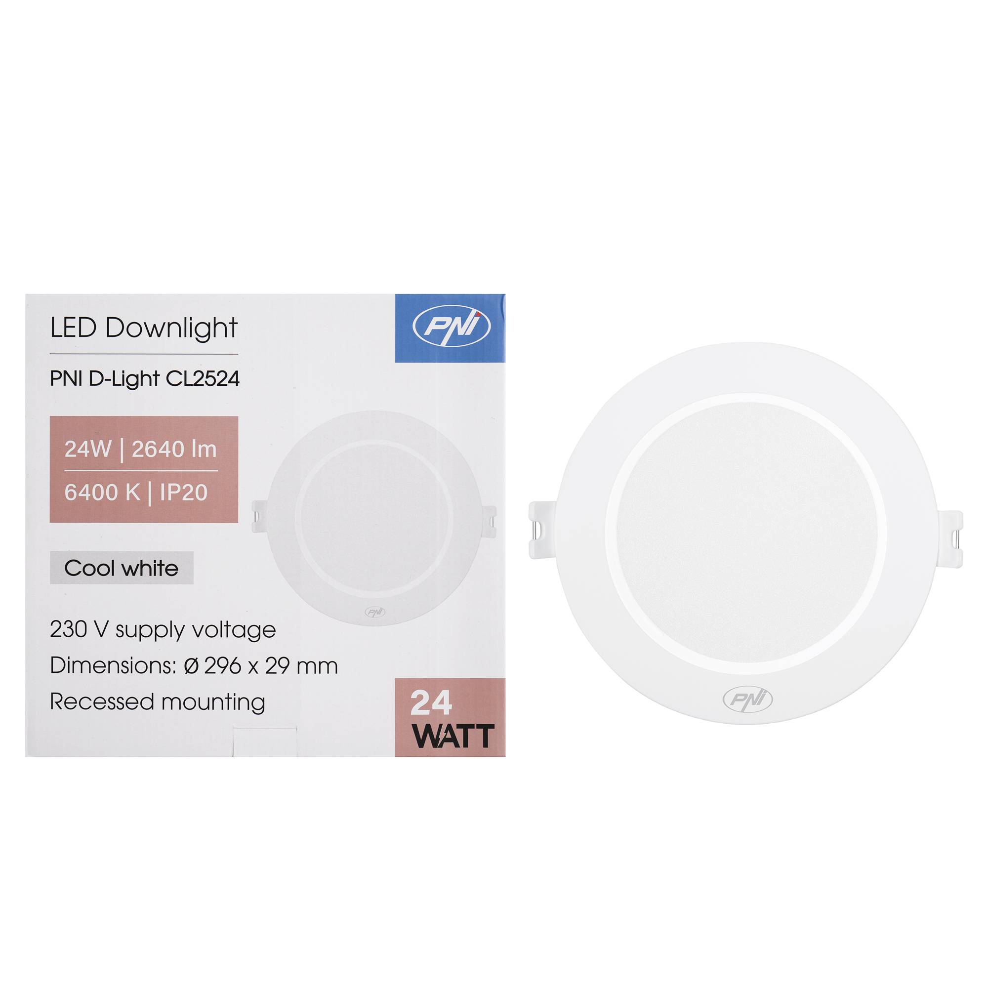 LED-Spot PNI D-Light CL2524 24 W, einbaubar, rund 29 cm, 6400 K, Stromversorgung 230 V, 2640 lm, kaltweiß