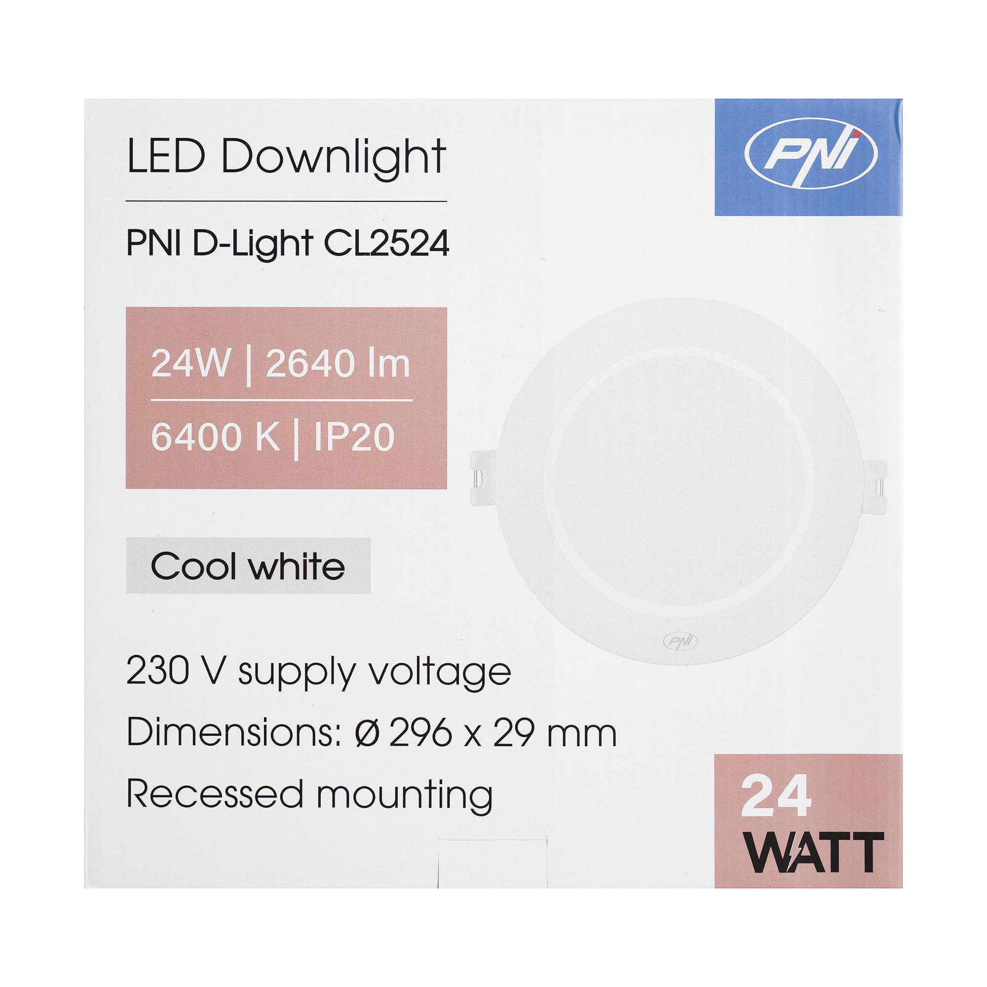 LED-Spot PNI D-Light CL2524 24 W, einbaubar, rund 29 cm, 6400 K, Stromversorgung 230 V, 2640 lm, kaltweiß