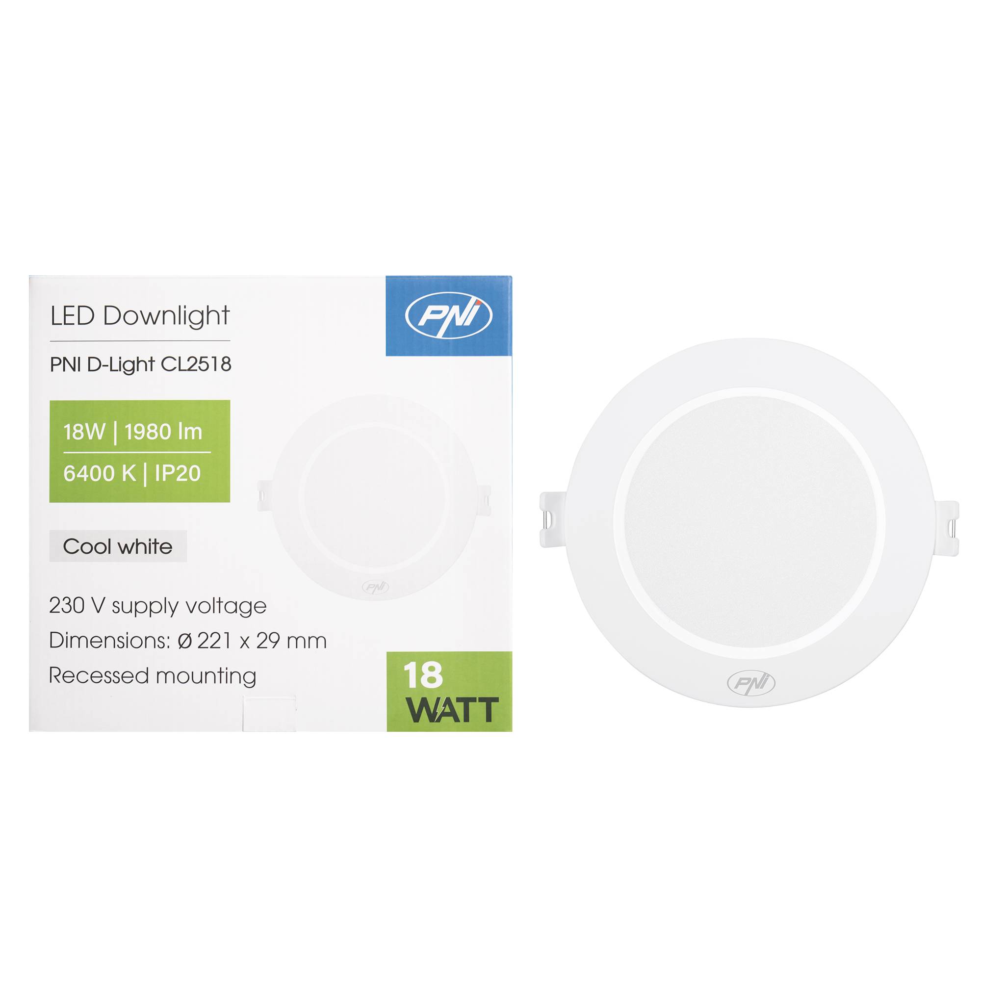 LED-Spot PNI D-Light CL2518 18 W, einbaubar, rund 22 cm, 6400 K, Stromversorgung 230 V, 1980 lm, kaltweiß
