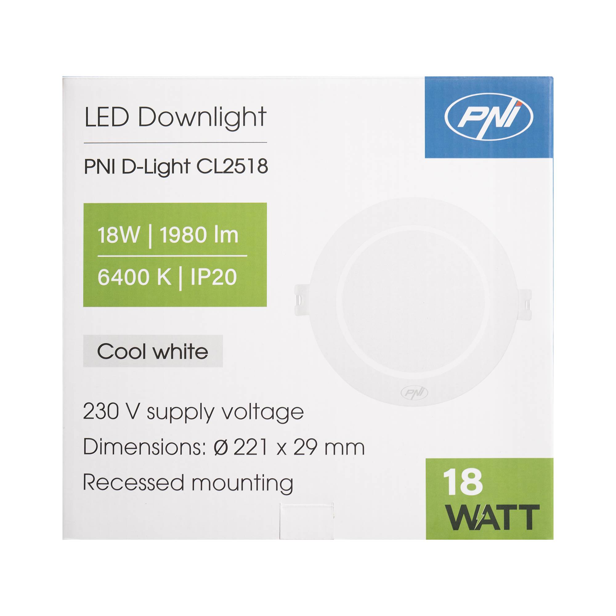 LED-Spot PNI D-Light CL2518 18 W, einbaubar, rund 22 cm, 6400 K, Stromversorgung 230 V, 1980 lm, kaltweiß