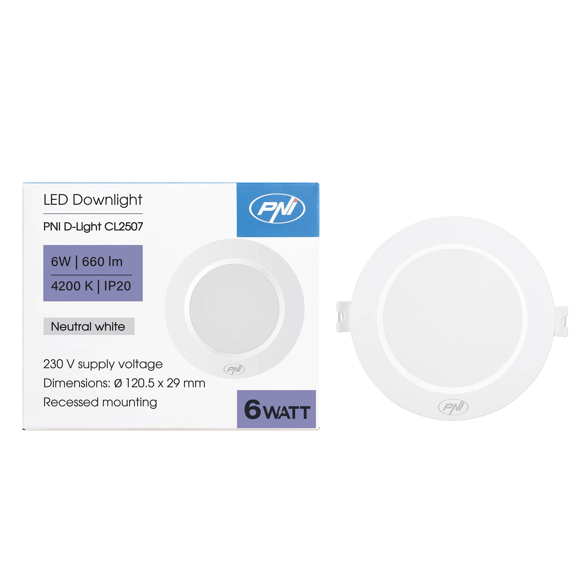 LED-Spot PNI D-Light CL2507 6W, einbaubar, rund 120 mm, 4200K, Stromversorgung 230V, 660 lm, neutralweiß