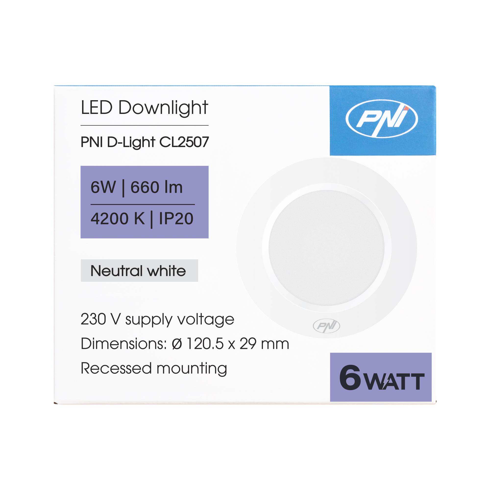 LED-Spot PNI D-Light CL2507 6W, einbaubar, rund 120 mm, 4200K, Stromversorgung 230V, 660 lm, neutralweiß