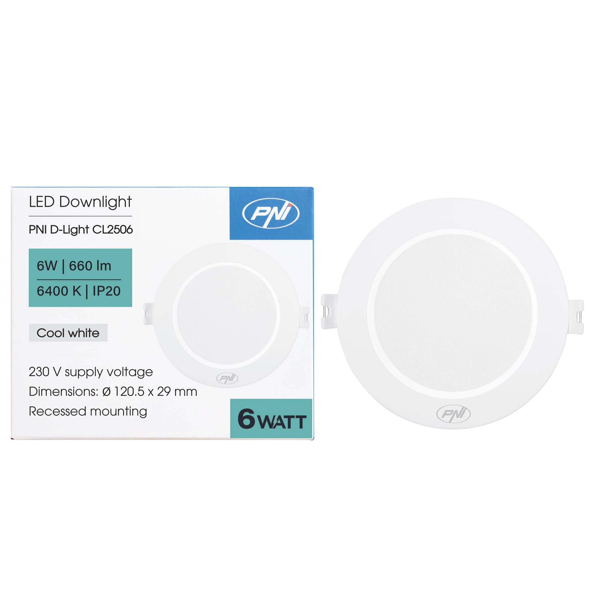 LED-Einbaustrahler PNI D-Light CL2506 6W, rund, 120 mm, 6400K, 230V-Netzteil, 660 lm, kaltweiß