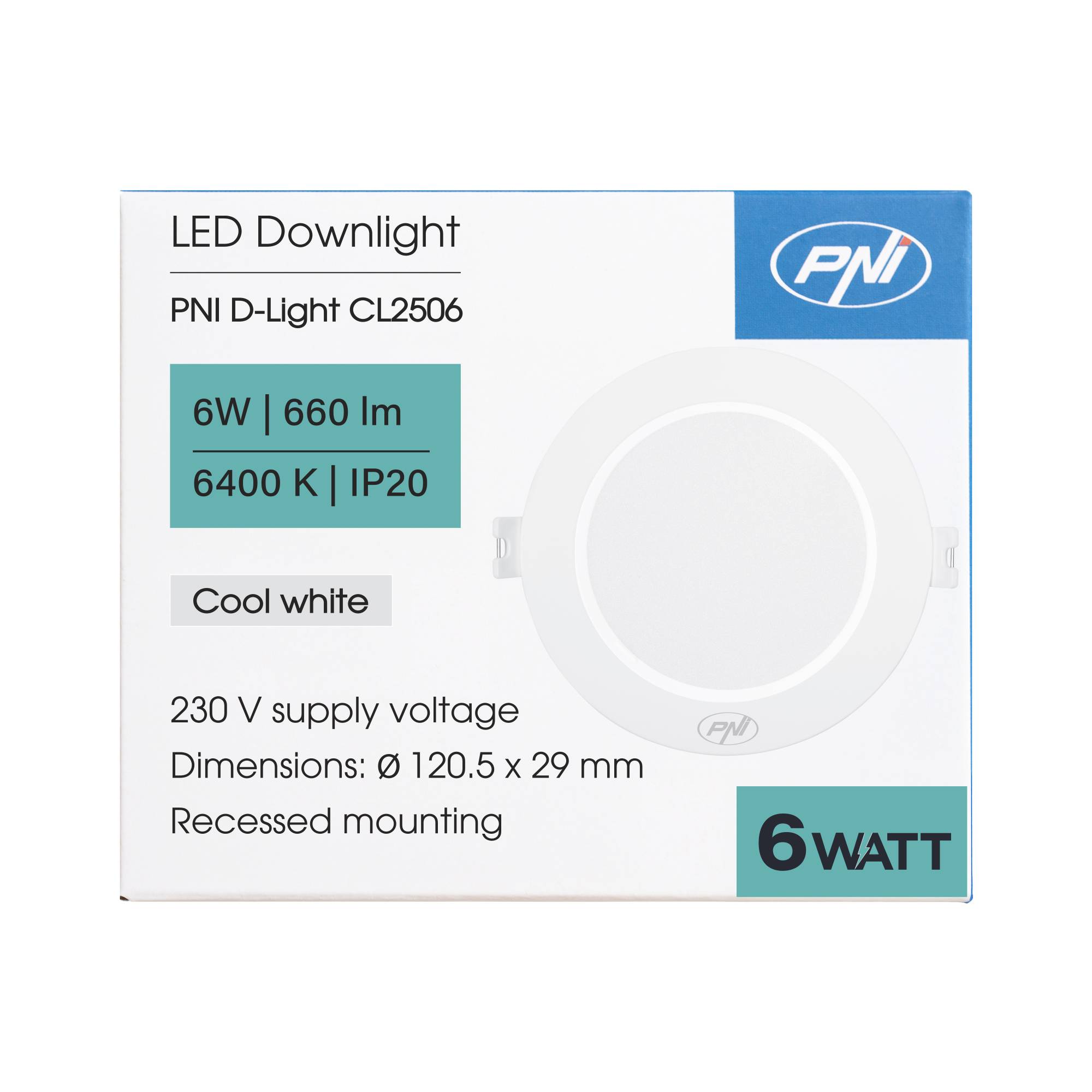 LED-Einbaustrahler PNI D-Light CL2506 6W, rund, 120 mm, 6400K, 230V-Netzteil, 660 lm, kaltweiß