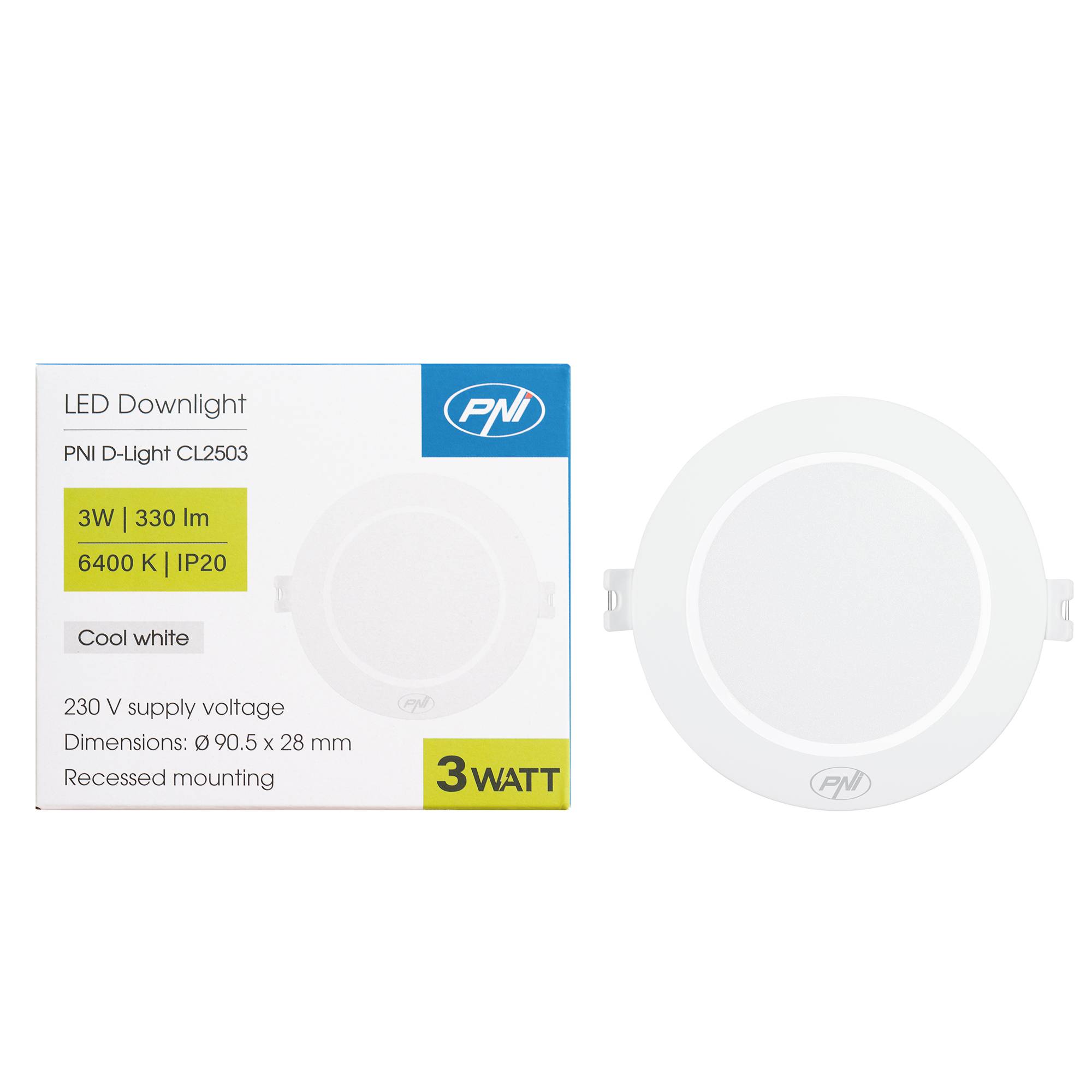 LED-Strahler PNI D-Light CL2503 3W, Einbau, rund 9 cm, 6400K, 230V Stromversorgung, 330 lm, kaltweiß