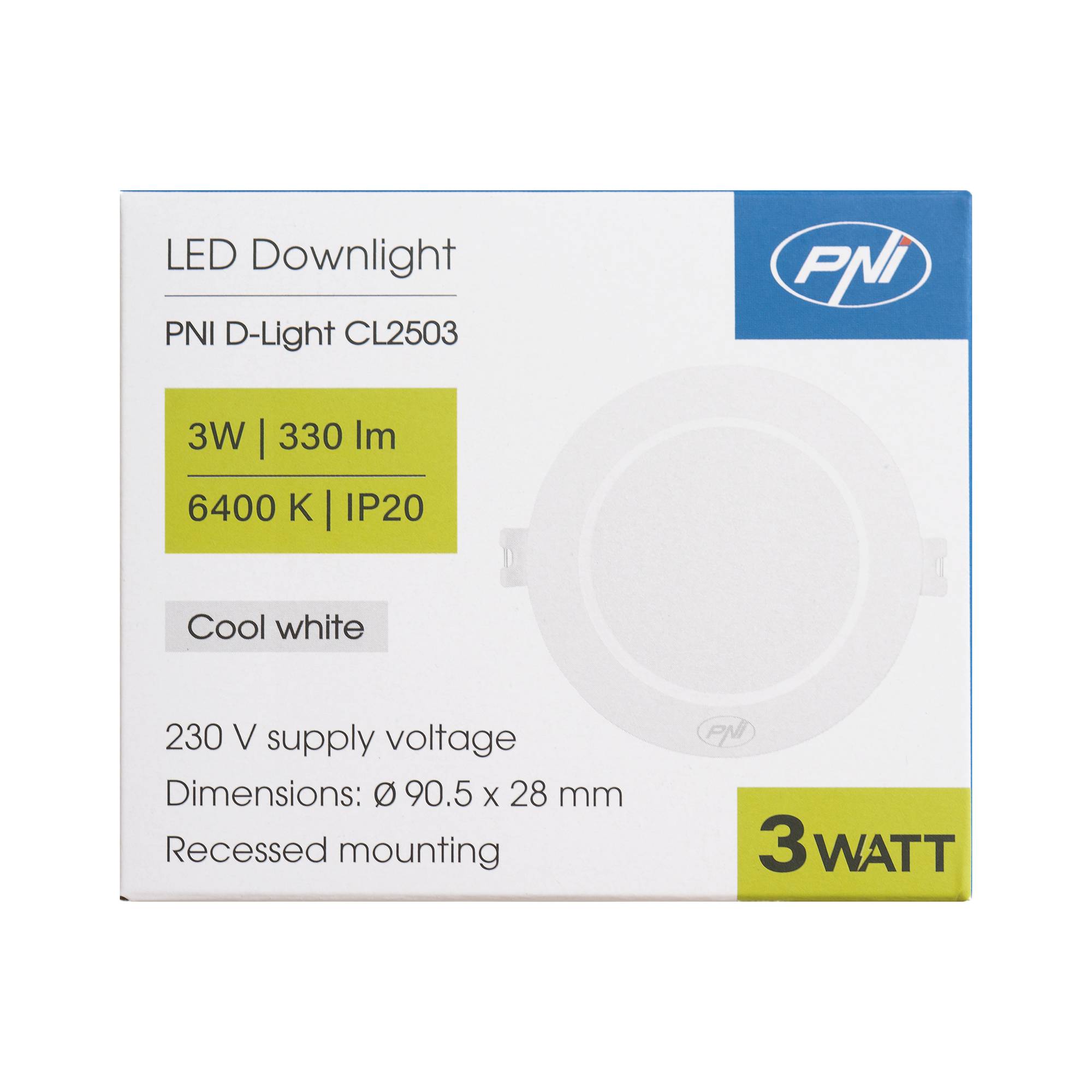 LED-Strahler PNI D-Light CL2503 3W, Einbau, rund 9 cm, 6400K, 230V Stromversorgung, 330 lm, kaltweiß