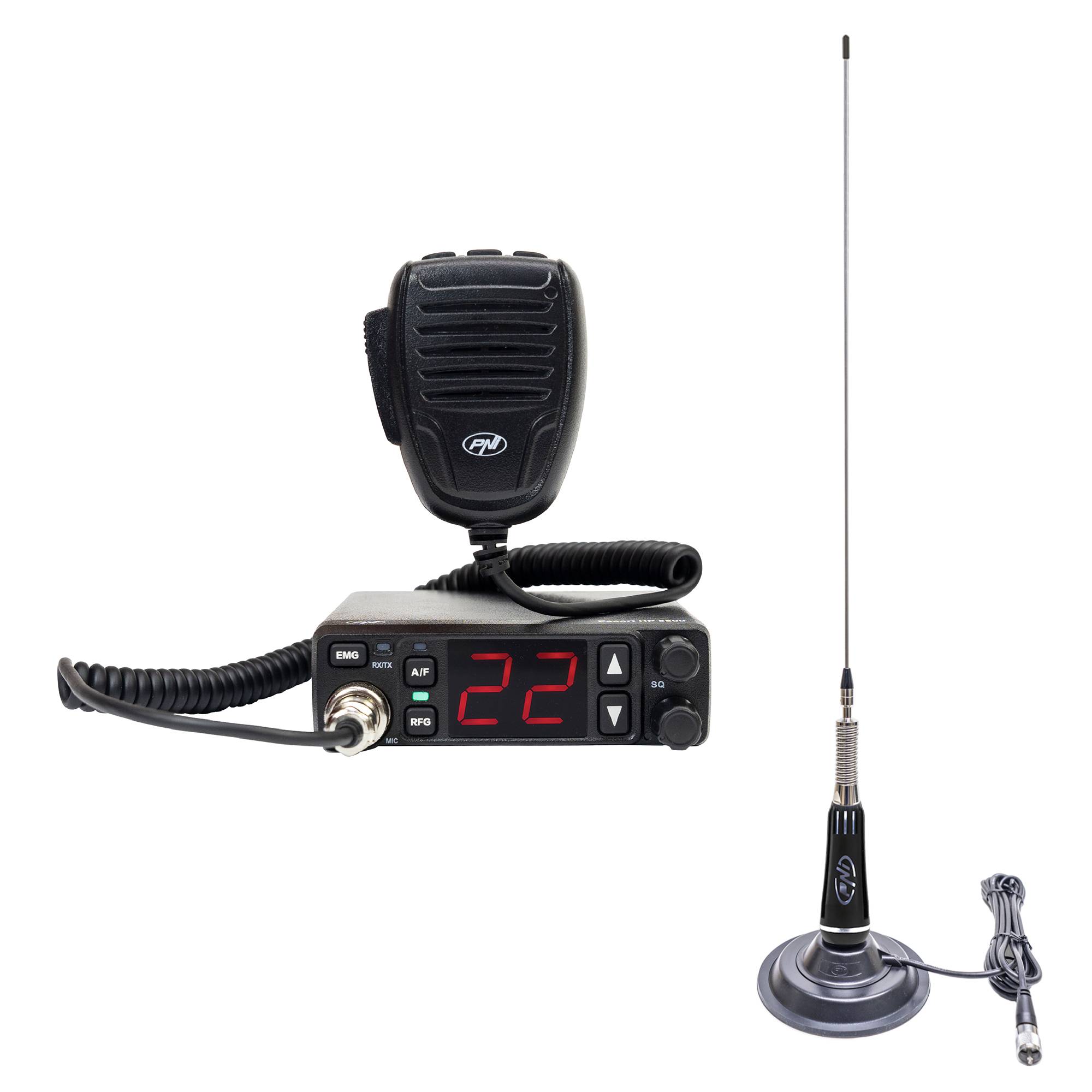 CB PNI Escort HP 5500 Radiosender-Kit mit CB PNI LED 2000-Antenne, 90 cm, 500 W, leuchtet während der Übertragung, Magnetfuß im Lieferumfang enthal