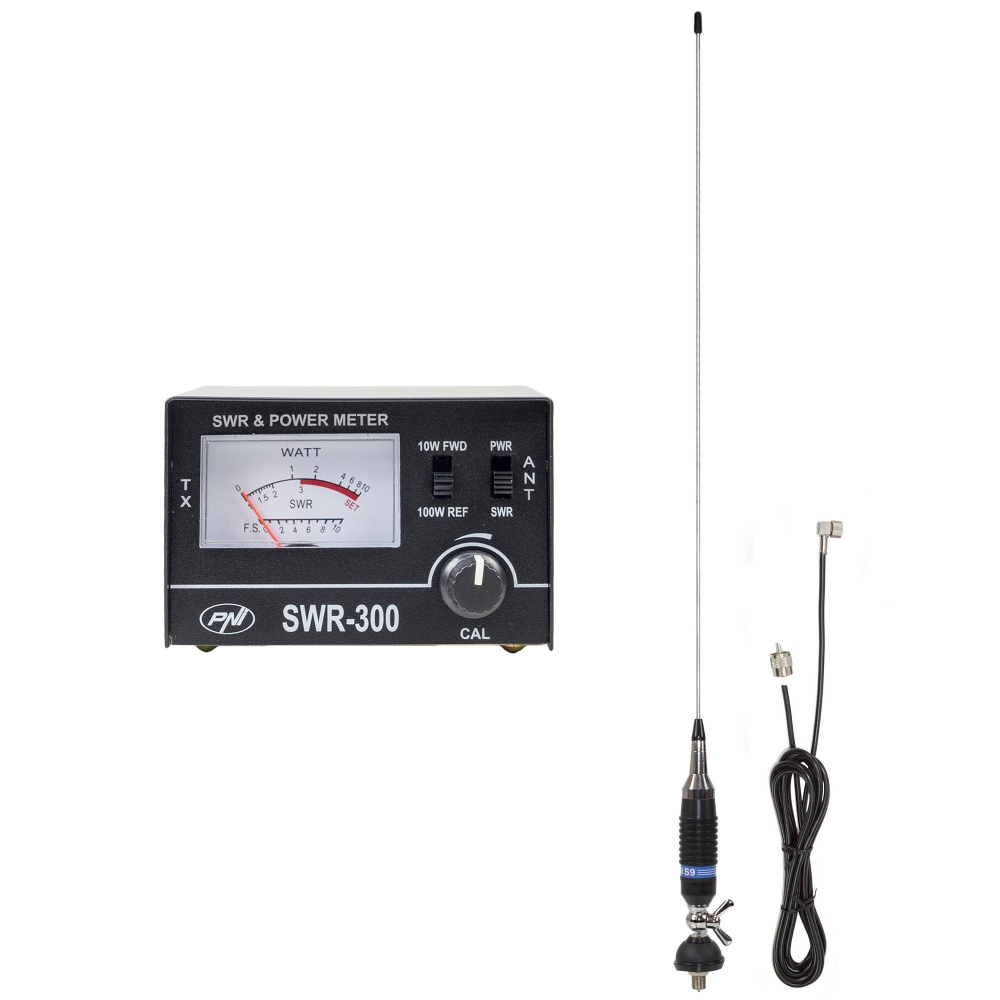 PNI S9 CB-Antenne, 120 cm, mit Butterfly, 4 m RG58-Kabel und PNI SWR-300 Reflektometer zur SWR-Messung