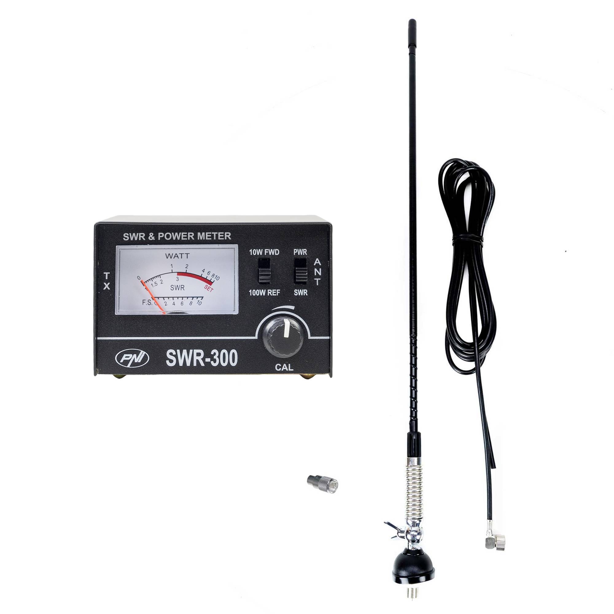 PNI S60 CB-Antenne, 59 cm, mit Butterfly, 4 m RG58-Kabel und PNI SWR-300 Reflektometer zur SWR-Messung, schwarz