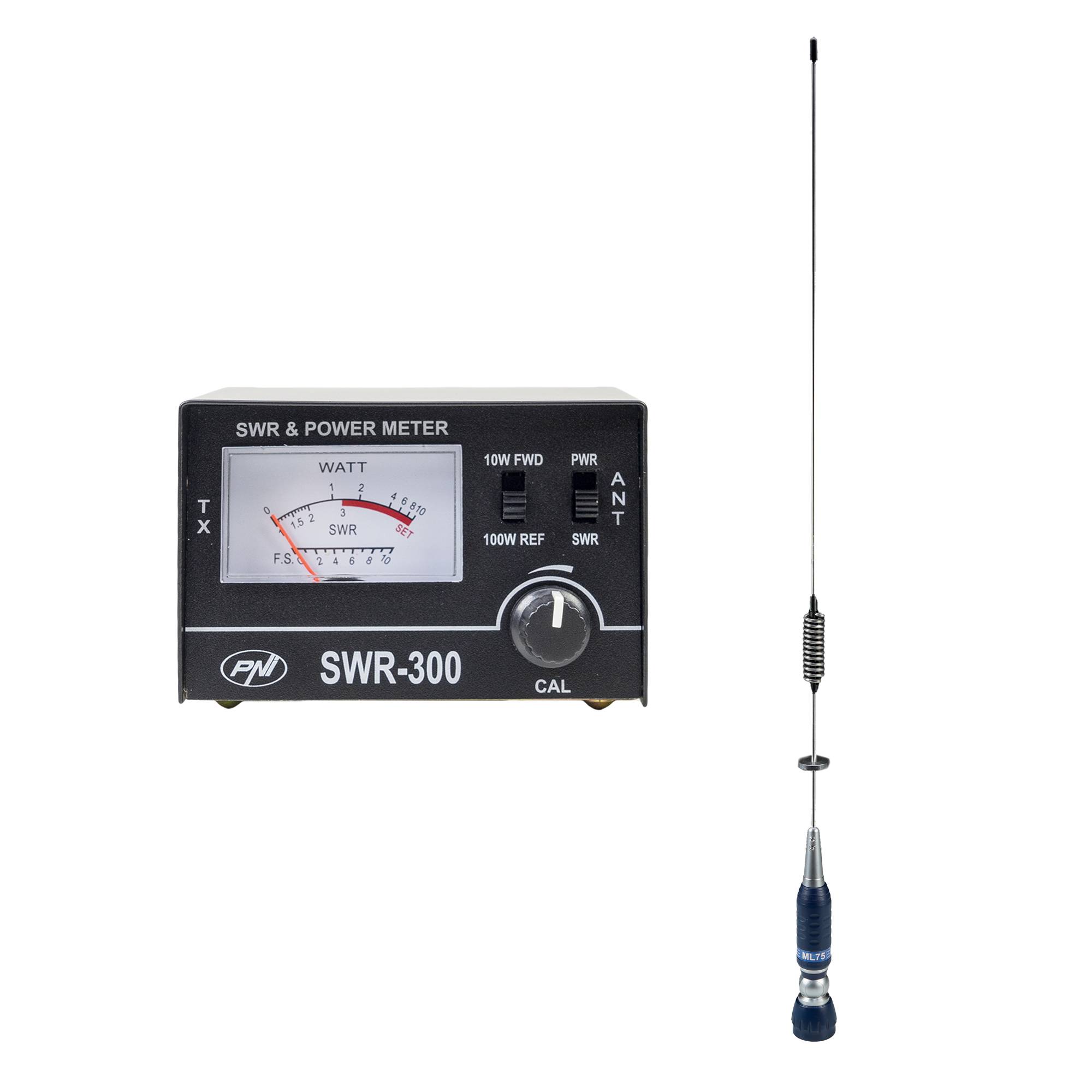 PNI ML75 CB-Antenne, 75 cm, 300 W, faltbar und PNI SWR-300 Reflektometer zur SWR-Messung, schwarz