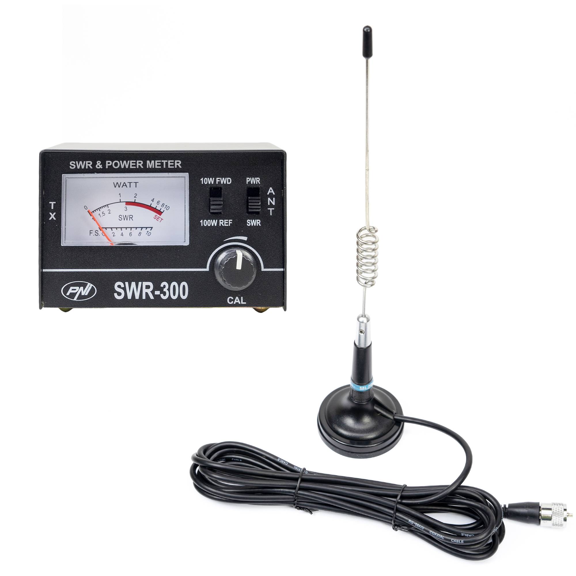 PNI ML29 CB-Antenne, 34 cm, 70 mm Magnet und PNI SWR-300 Reflektometer zur SWR-Messung, schwarz