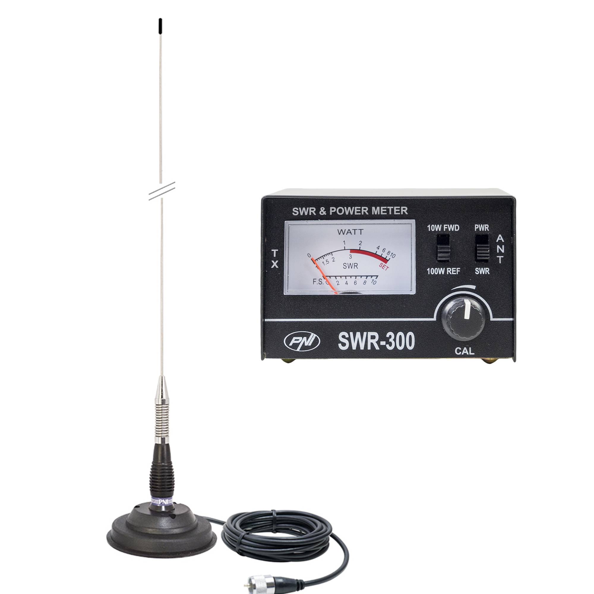 PNI ML100 CB-Antenne, 100 cm, 125 mm Magnet und PNI SWR-300 Reflektometer zur SWR-Messung, schwarz