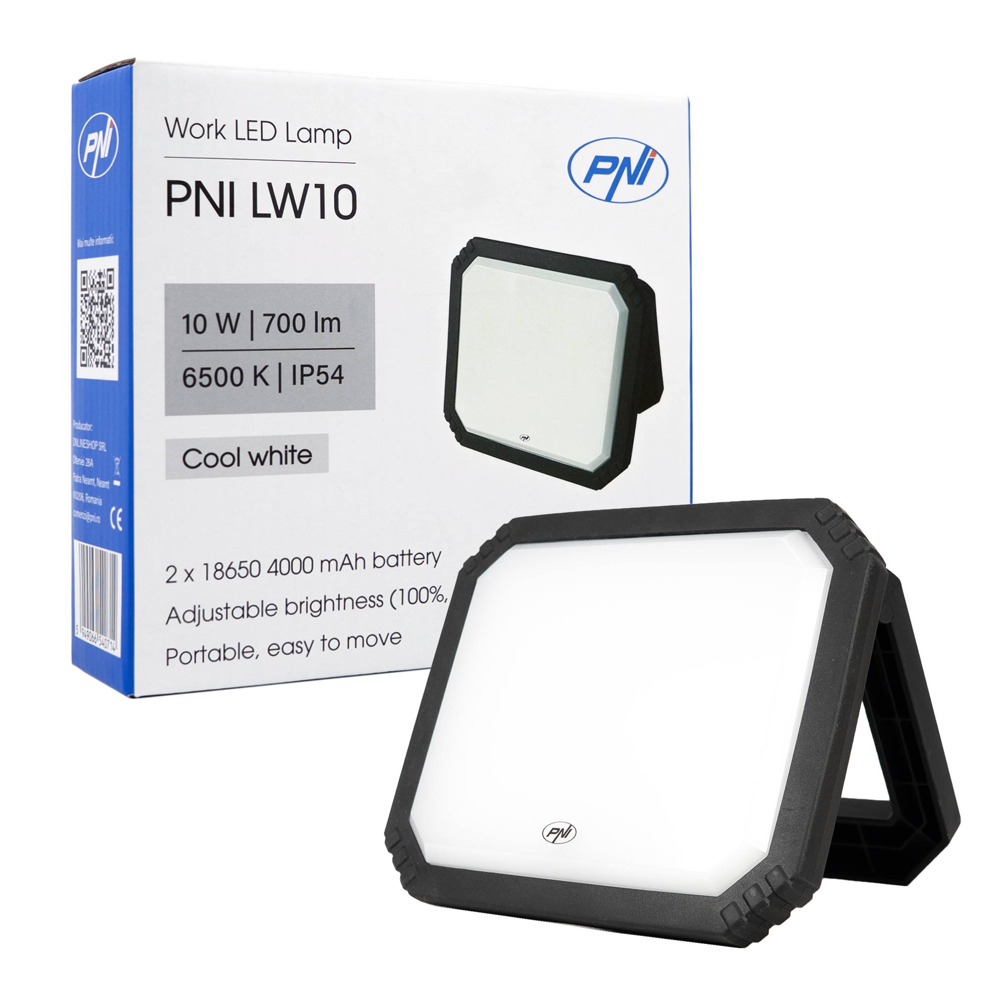 PNI LW10 10W LED Arbeitsleuchte, tragbar, wiederaufladbar, mit 2 x 18650 4000mAh Akku, 6500K, IP54, 700 lm, 2 Helligkeitsstufen
