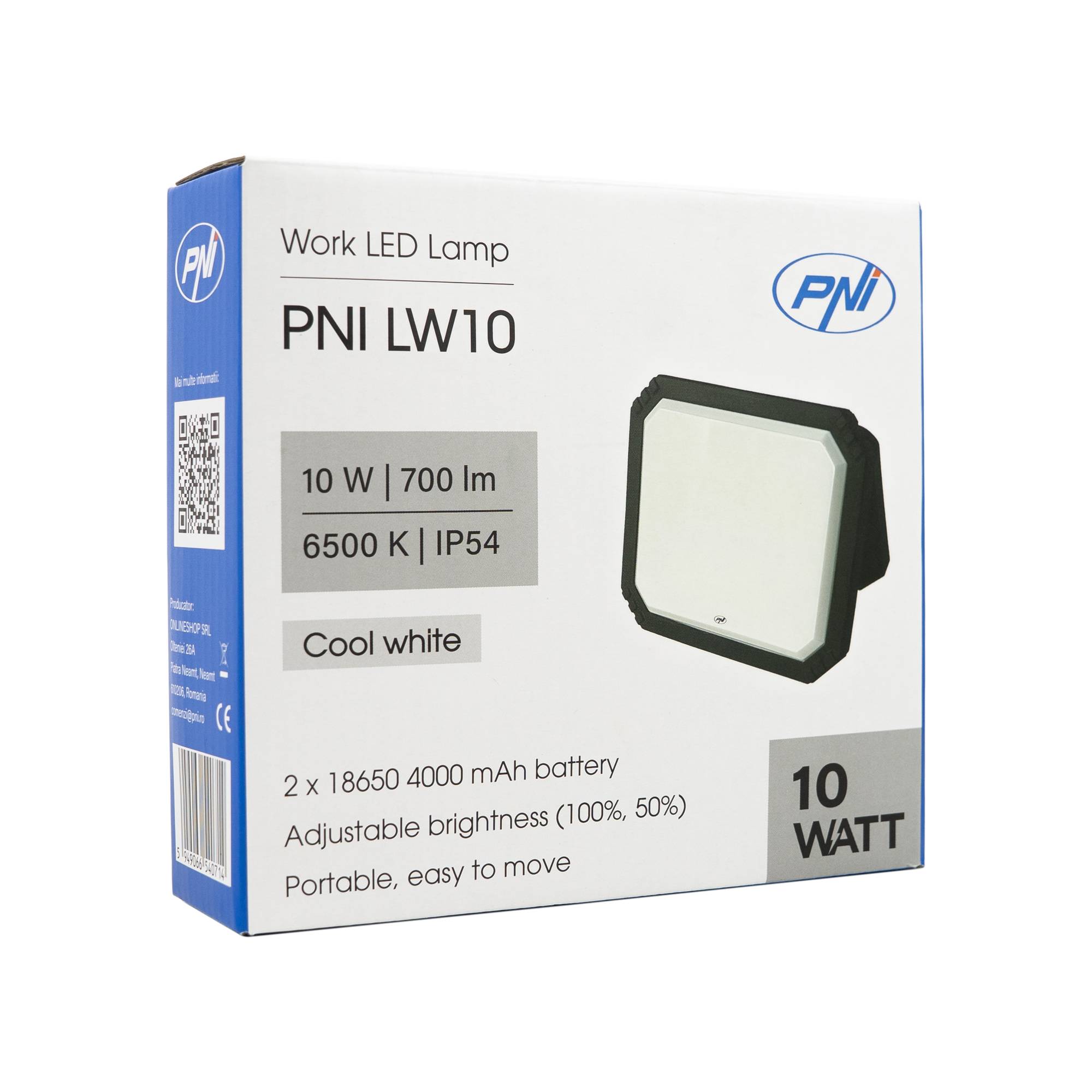 PNI LW10 10W LED Arbeitsleuchte, tragbar, wiederaufladbar, mit 2 x 18650 4000mAh Akku, 6500K, IP54, 700 lm, 2 Helligkeitsstufen