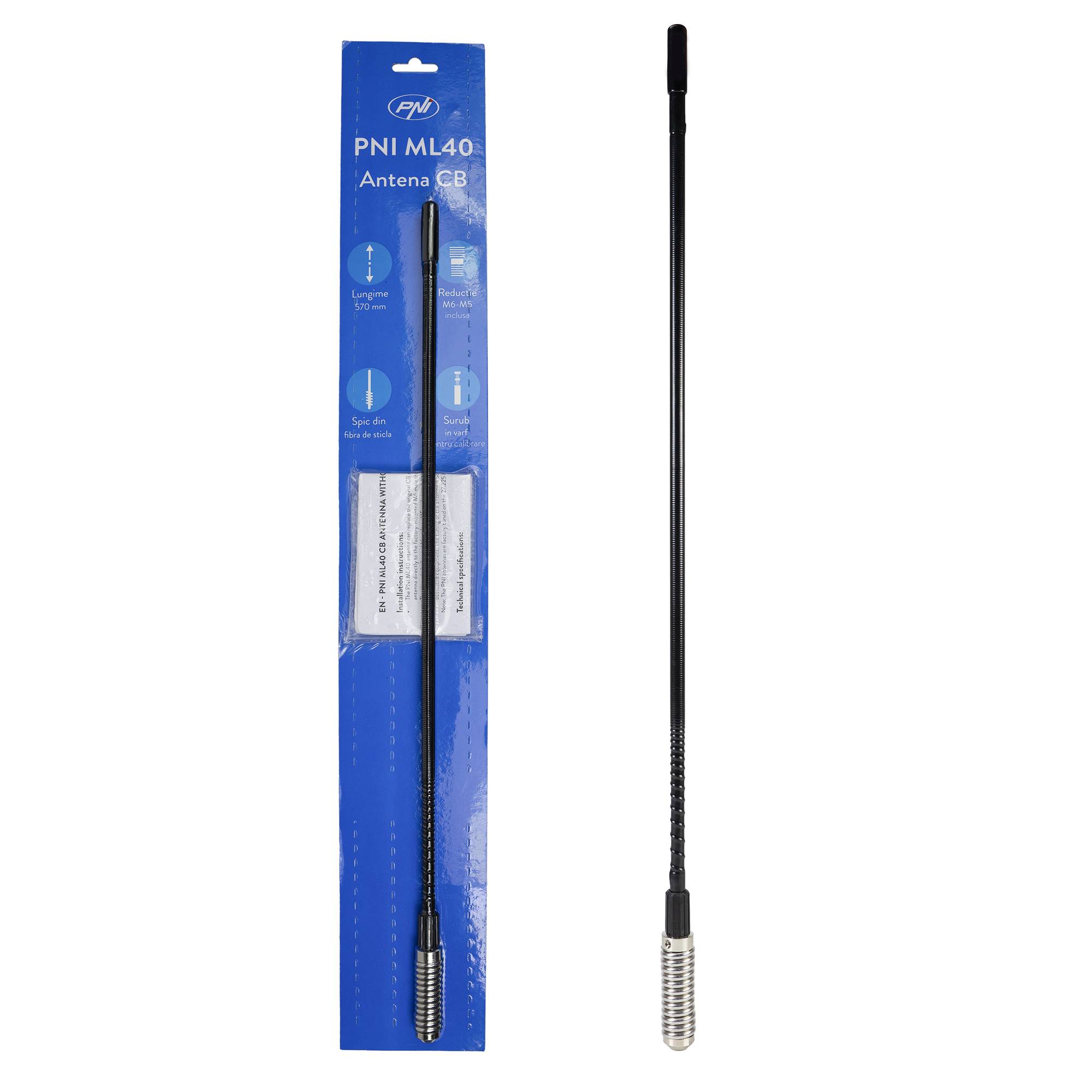 CB-Antenne PNI ML40, Länge 57 cm, inklusive M6-auf-M5-Stecker-Stecker-Adapter mit Gewinde