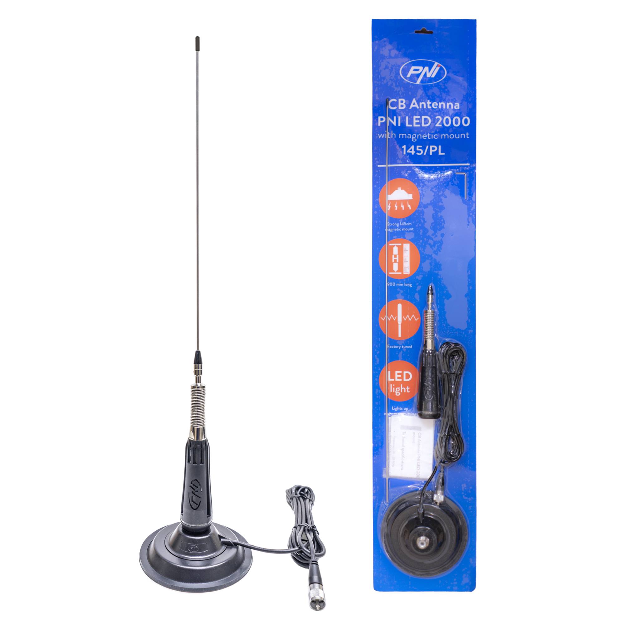 Bax 20 Stück CB-Antennen PNI LED 2000, 90 cm, mit Magnetfuß 145 mm, 26-28 MHz, 500 Watt, leuchtet während der Emission
