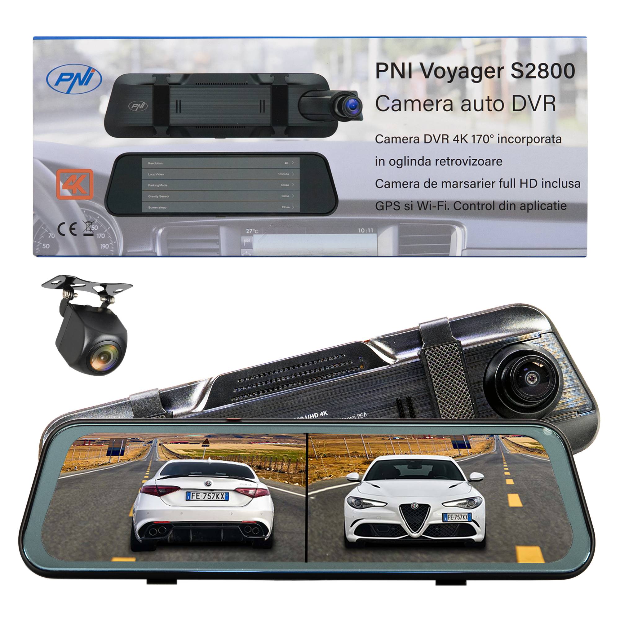 PNI Voyager S2800 UHD 4K 170° DVR-Autokamera im Rückspiegel integriert, 9,66 Zoll, IPS-Touchscreen, Parküberwachung, G-Sensor, Micro-SD-Kartensteck
