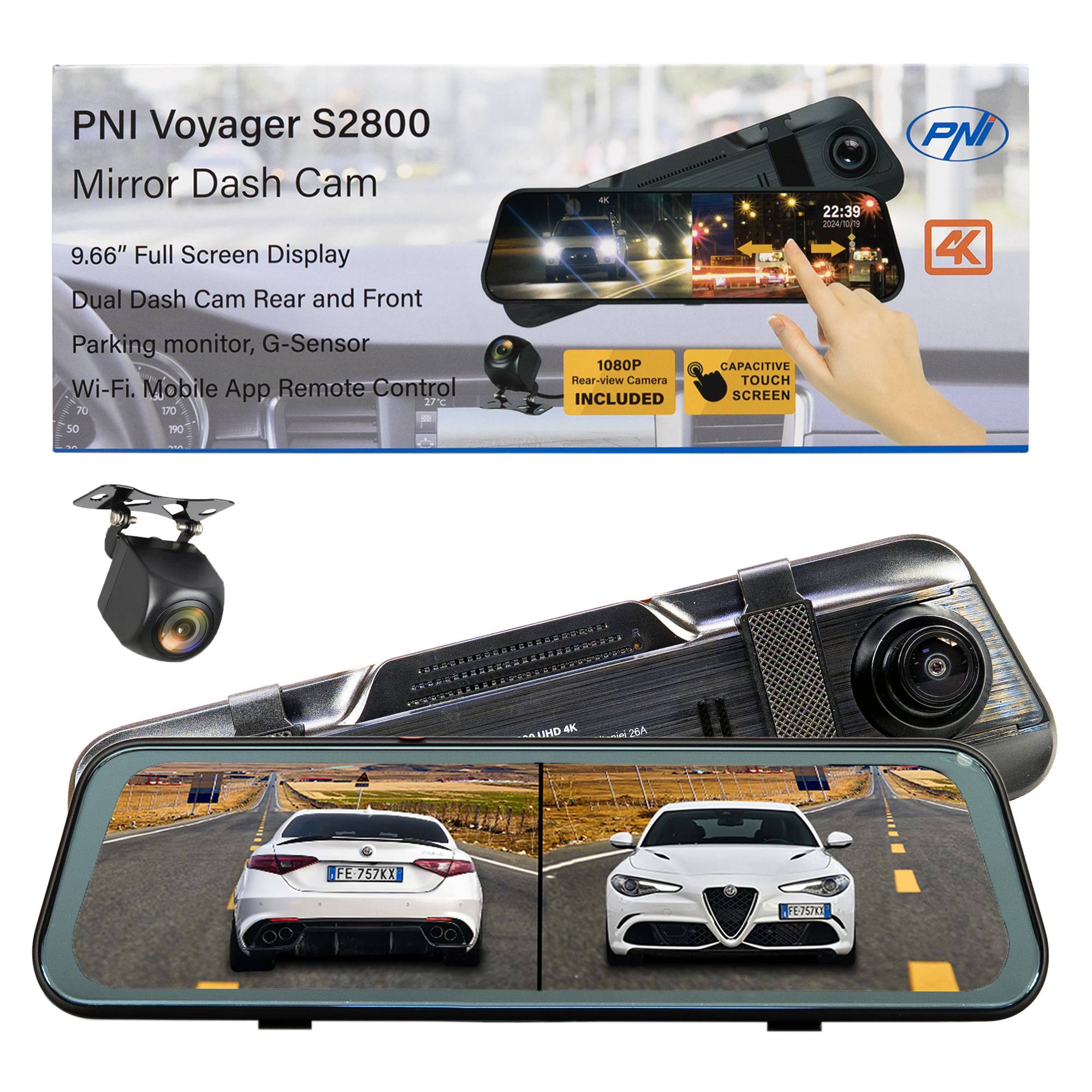 PNI Voyager S2800 UHD 4K 170° DVR-Autokamera im Rückspiegel integriert, 9,66 Zoll, IPS-Touchscreen, Parküberwachung, G-Sensor, Micro-SD-Kartensteck